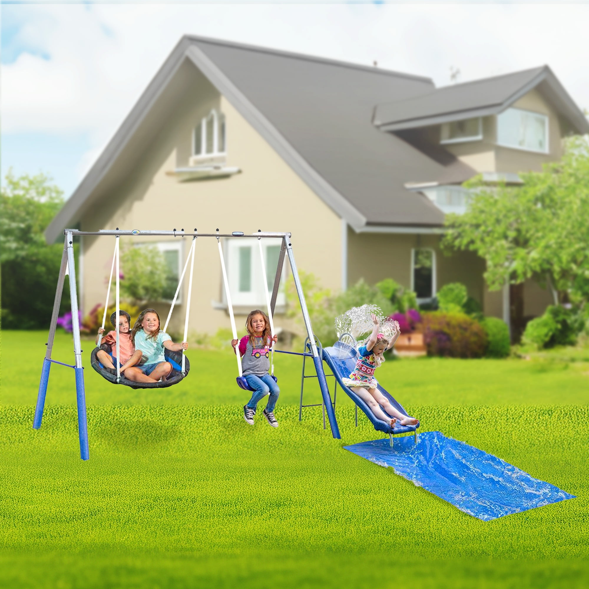 XDP Recreation Outdoor Swing Set with Wave Water Slide and Disc Swing (Black, 118 in x 91 in x 74 in) fv6bb