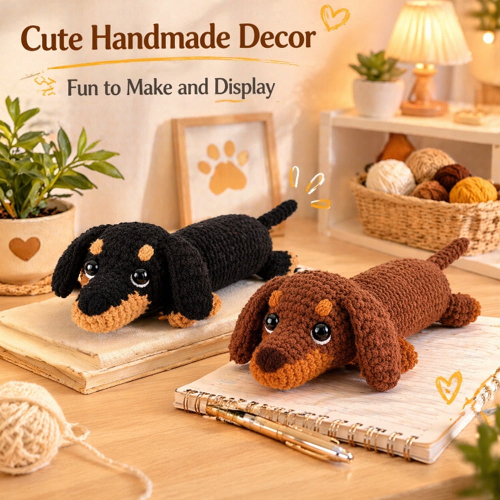 TIKA Dachshund Crochet Kit for Beginners, Dog Amigurumi Starter Set with Video Tutorials (2 Pack) fpcjn