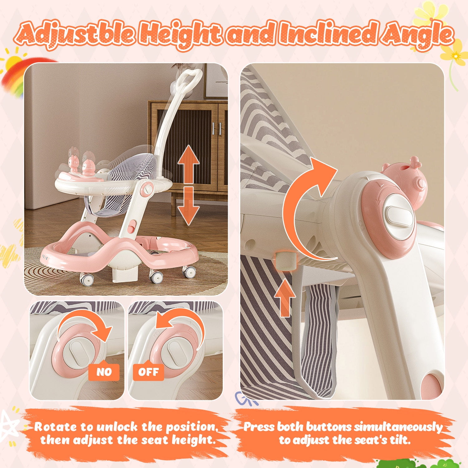 WonderStone 5-in-1 Baby Walker and Activity Center, Foldable Push Walker with Music and Lights (Pink, 27.5 in x 21 in x 19.68 in) 43quc