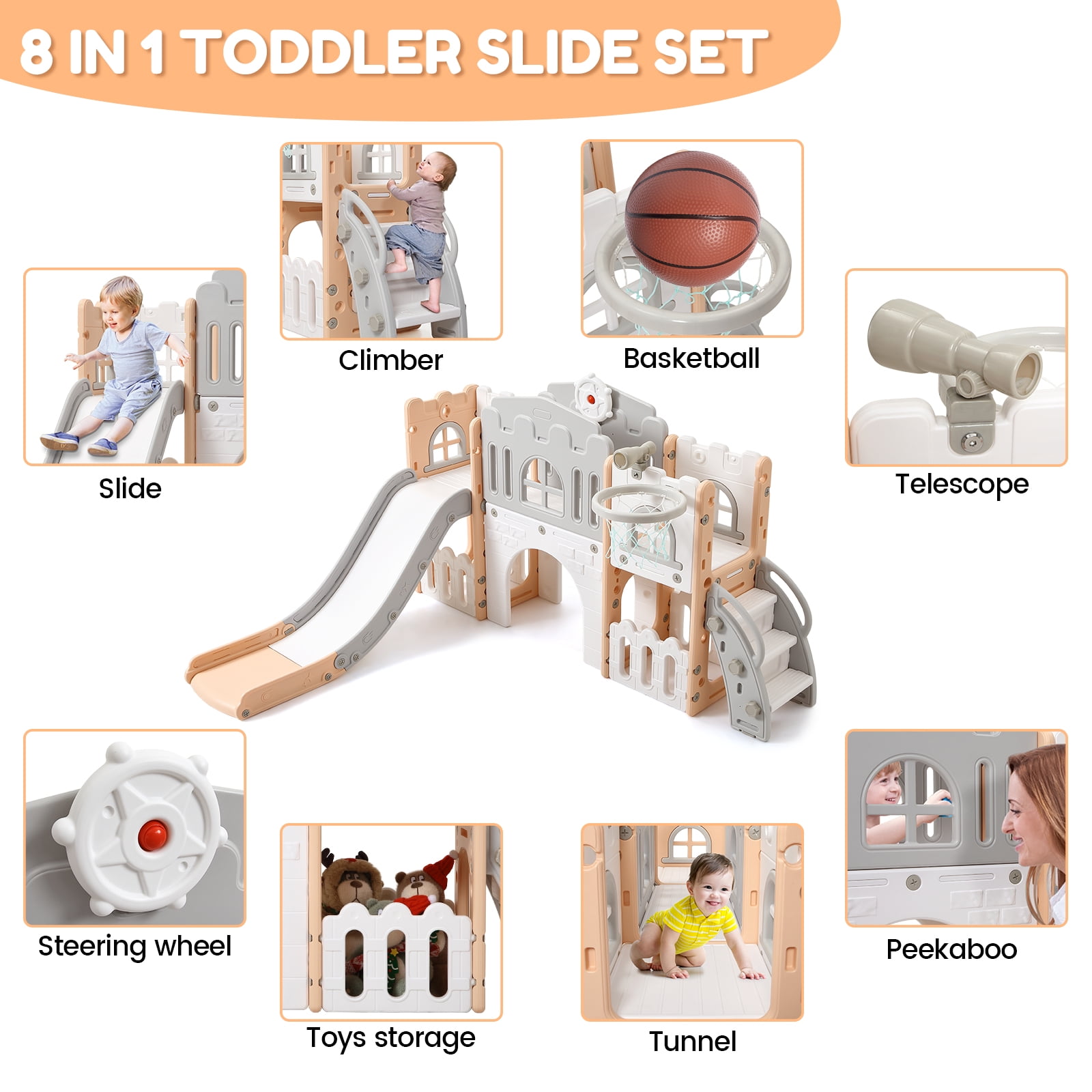 Strundghti 8-in-1 Toddler Indoor Playground Slide Set with Basketball Hoop and Crawling Tunnel (Grey) hl5e7