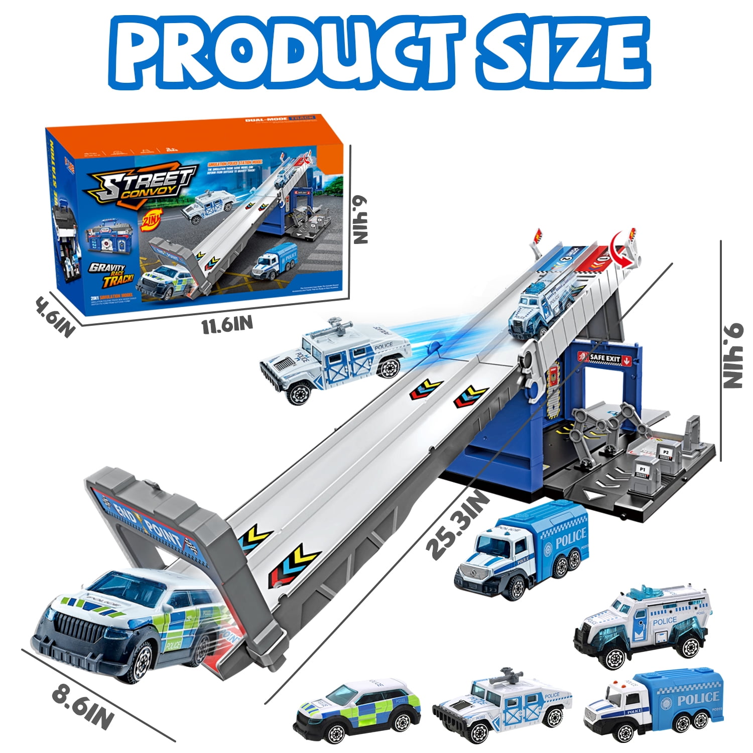 Sytle-Carry Die-Cast Police Car Track Set, 2-in-1 Folding Storage Carrier with 4 Toy Vehicles (1 Set) niq88