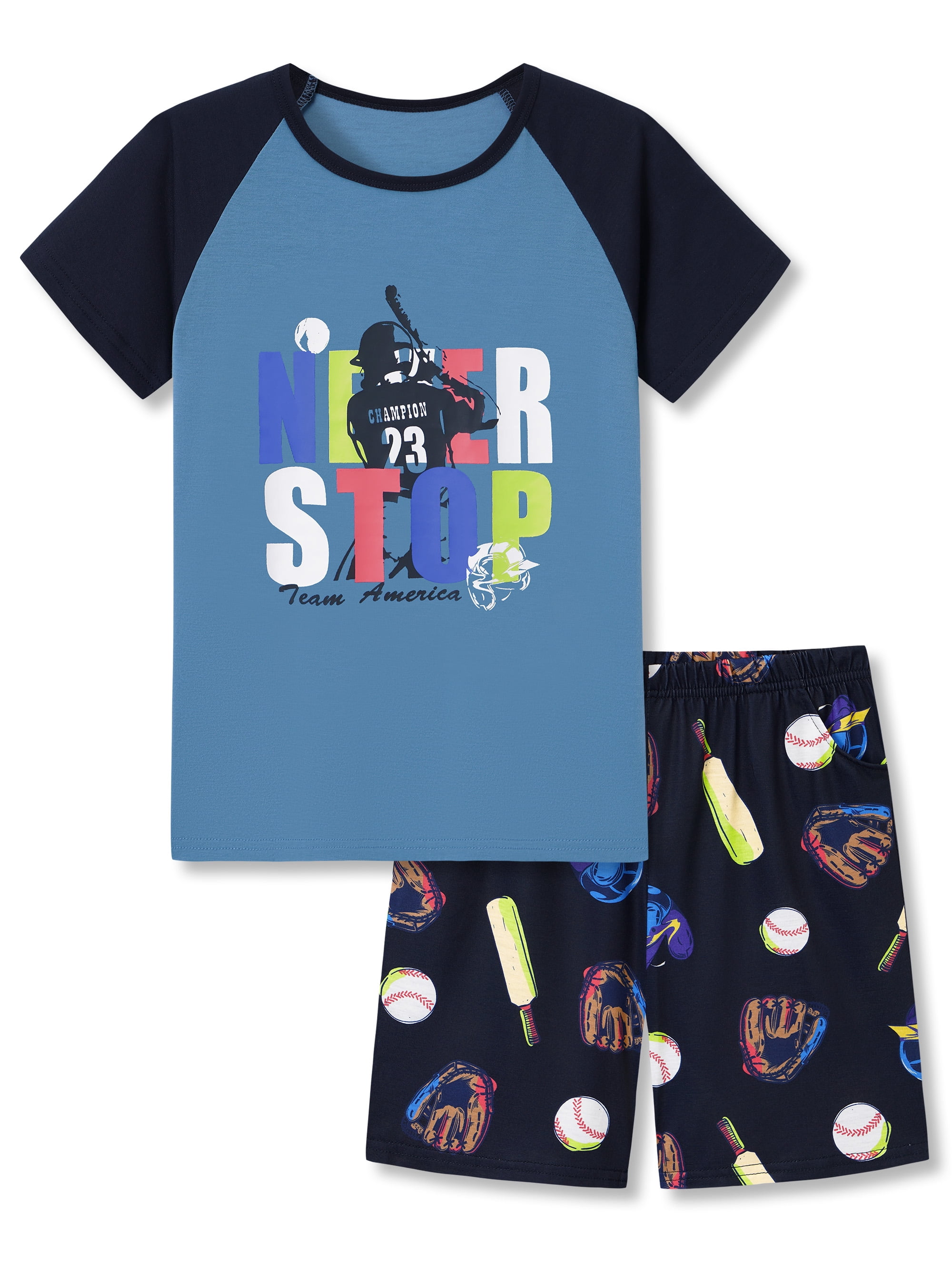 Beezizac Boys Summer Pajama Set, 2-Piece Raglan Sleeve Baseball Sports Sleepwear (Blue, Size 10) vkob4