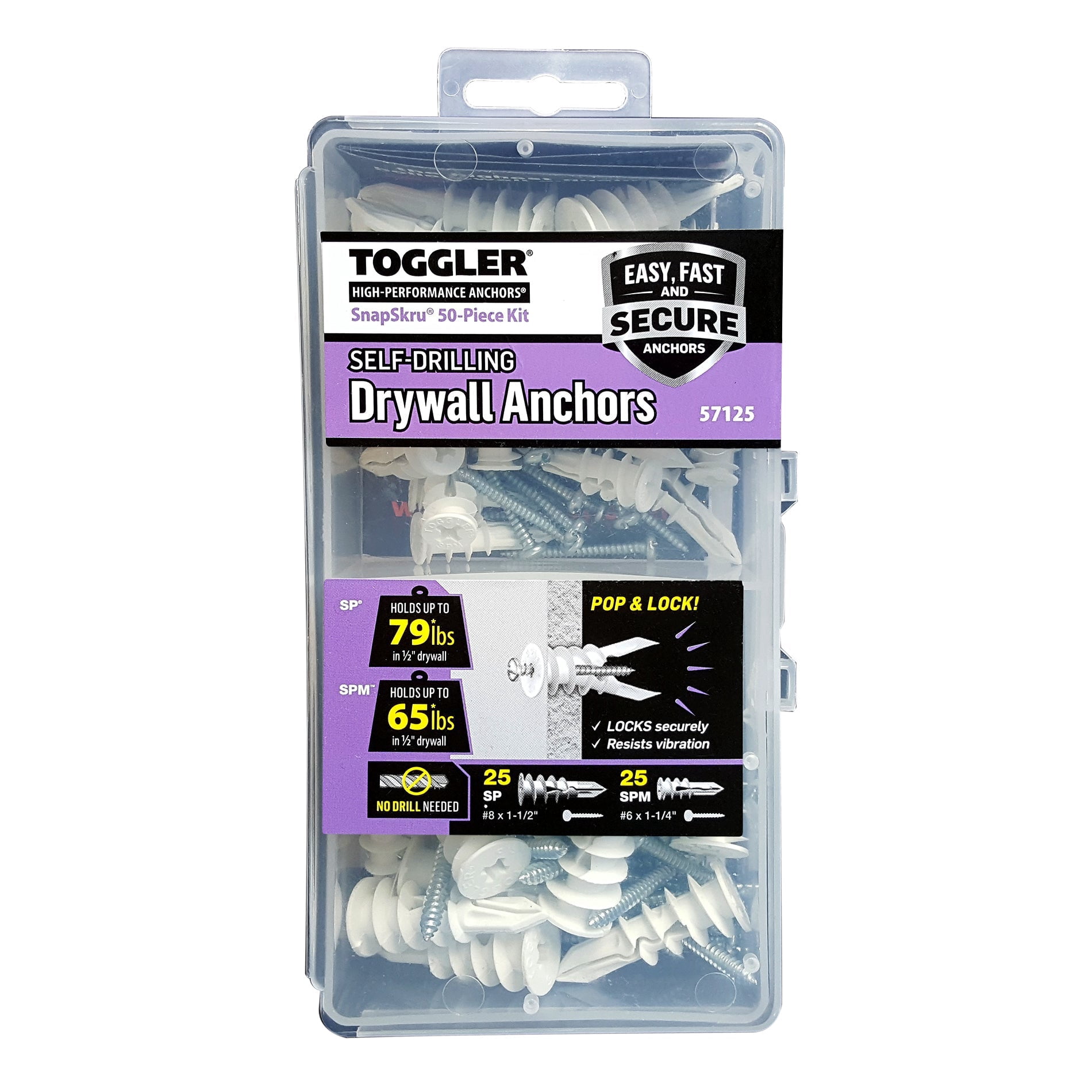 TOGGLER SnapSkru SP Self-Drilling Drywall Anchors, Heavy-Duty Hollow Wall Fasteners, Glass-Filled Nylon (Pack of 50 with Screws) urxs3