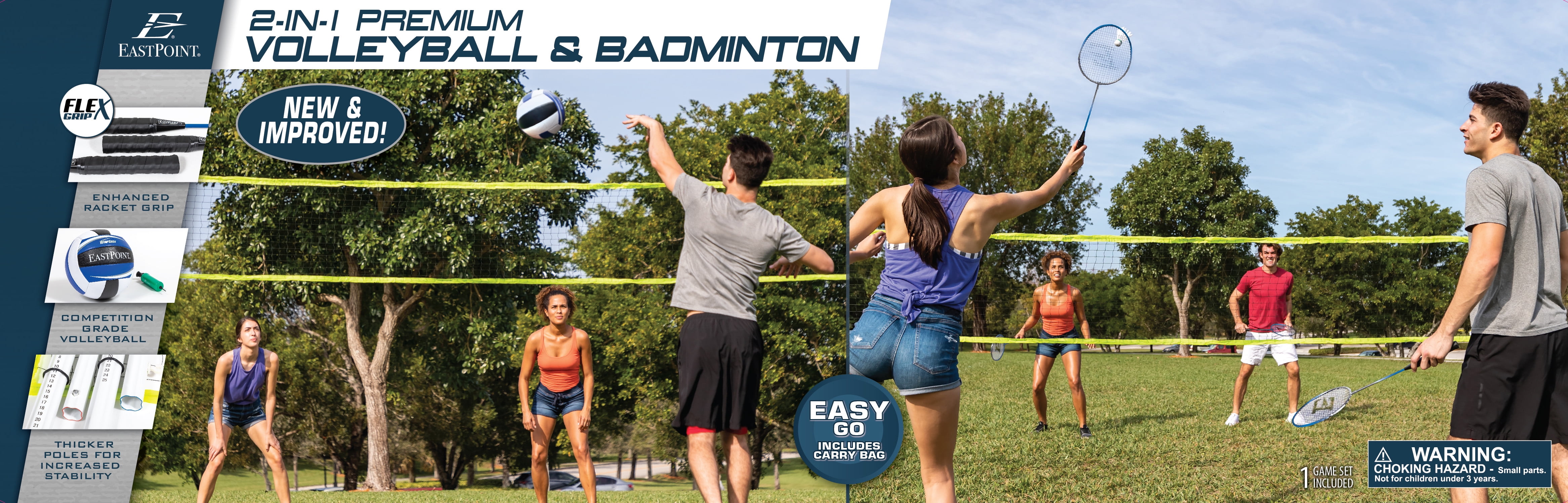 EastPoint Sports 2-in-1 Volleyball and Badminton Set, Adjustable Height Net System for Outdoor Play (1 Set) wehco
