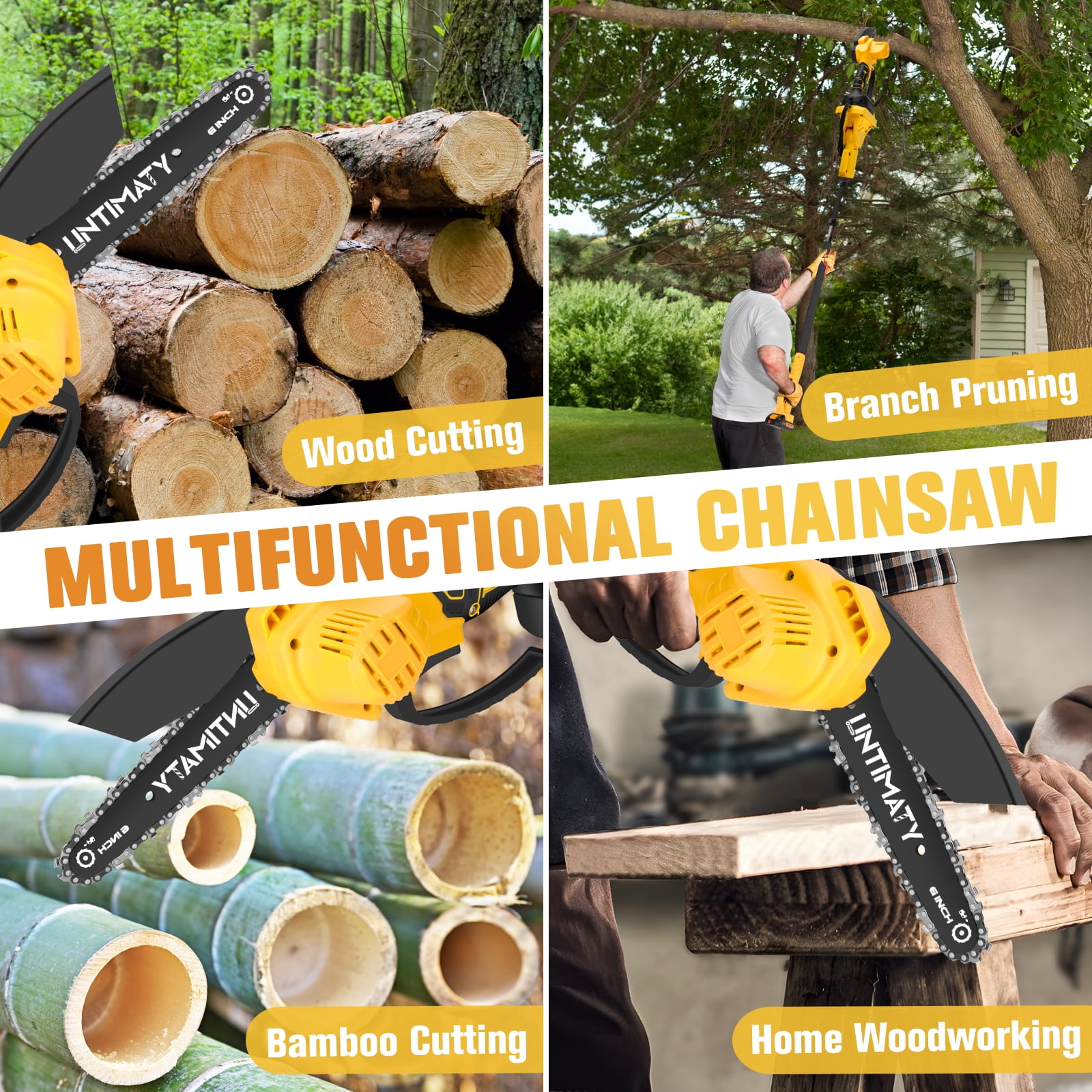 UMTIMATY Cordless Pole Saw, 6 Inch Brushless Mini Chainsaw with 14.1 FT Extension Pole (Yellow, 2 x 2.0Ah Batteries) wr6tj