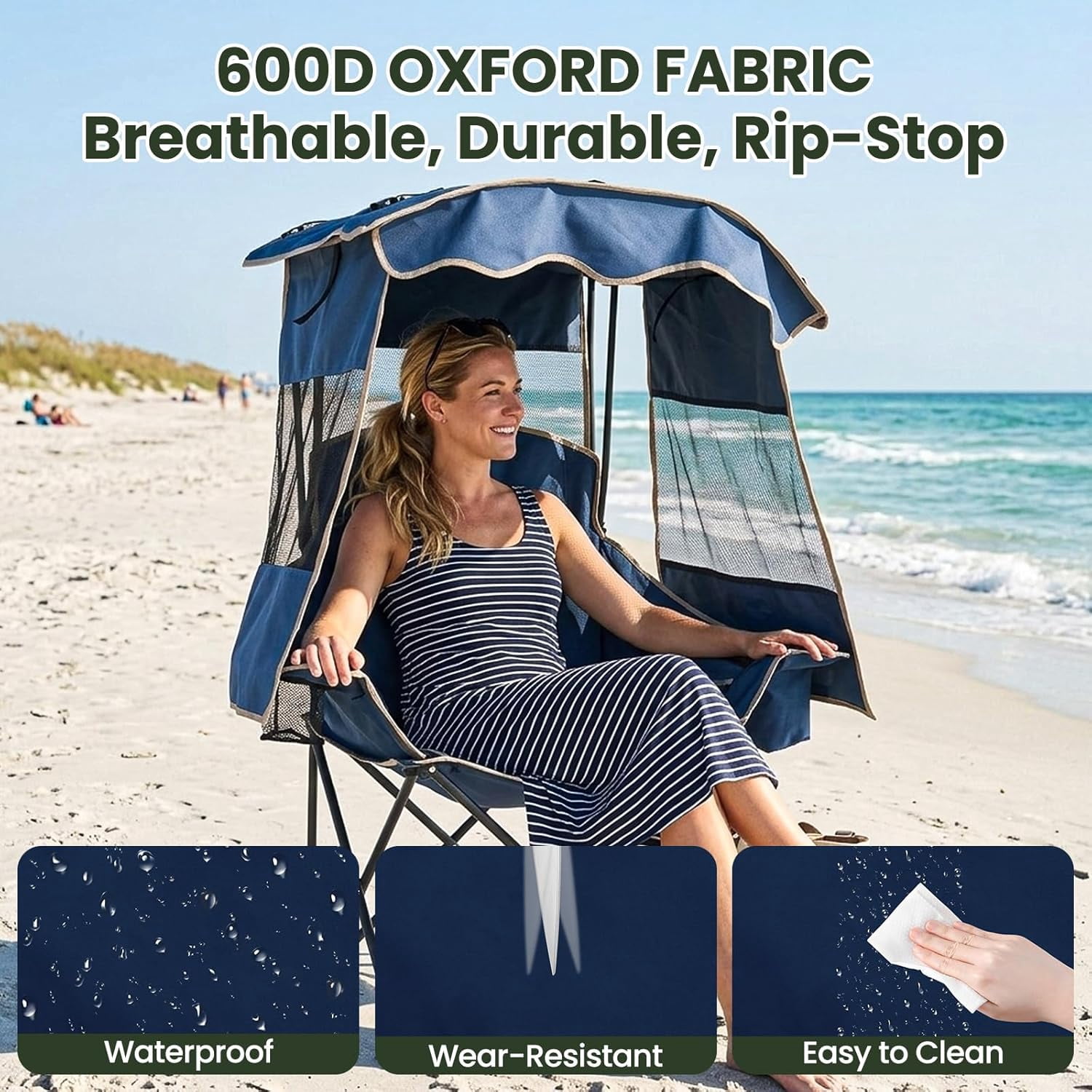 ABORON Camping Chair with Canopy, Folding Portable Beach Lounge Chair with Cooler Bag and Cup Holder (Blue, One Size) 3gkl5