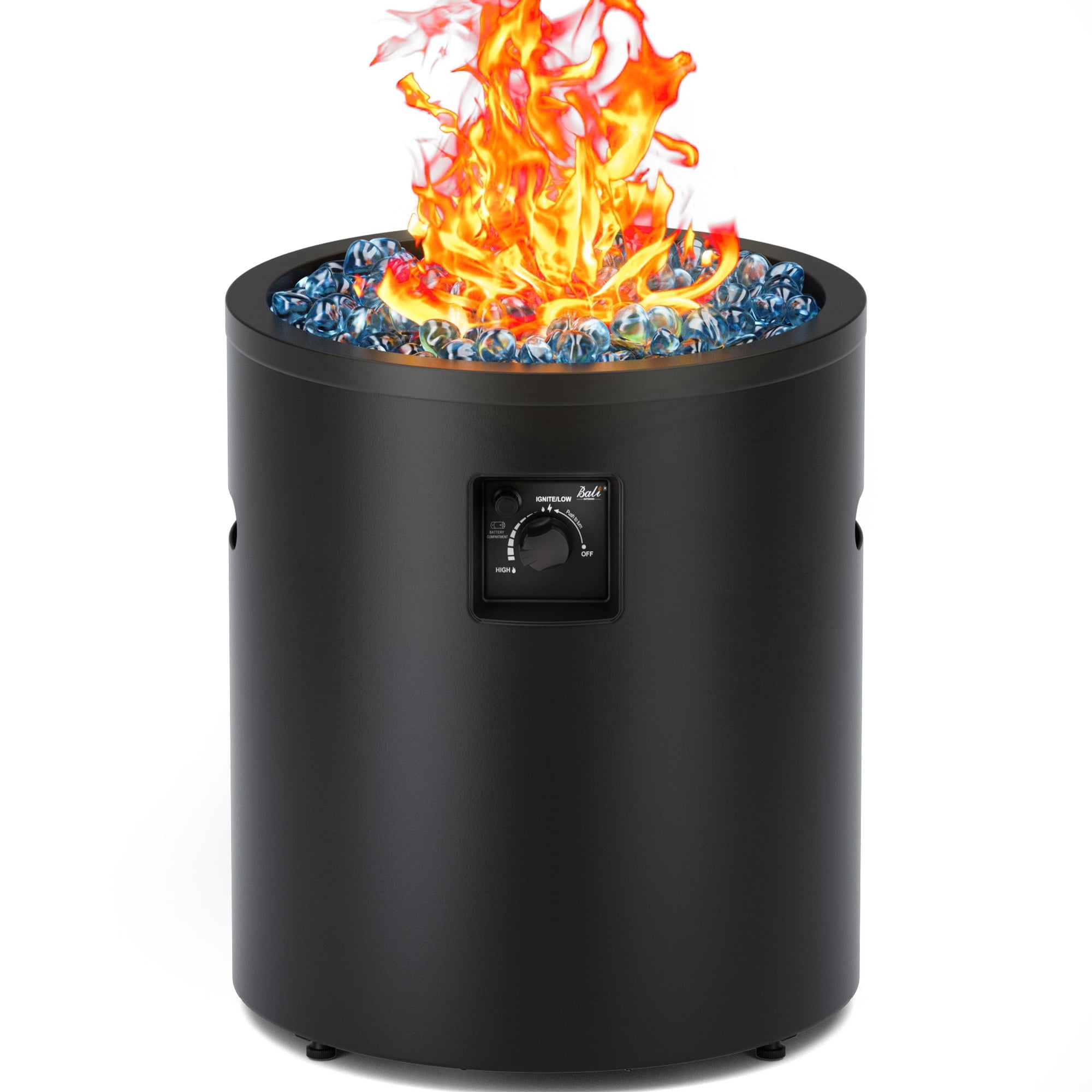 Bali Outdoors 23 in Gas Fire Pit Column, 50,000 BTU Round Propane Fire Pit Table with Glass Stones (Black) kws90