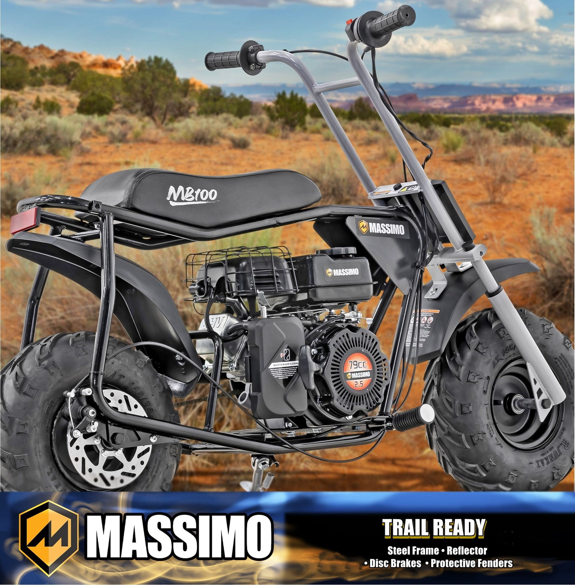 Massimo MB100 Minibike 79cc 2.5HP Gas Powered Off-Road Trail Bike (Black, 50 in x 24.2 in x 34.6 in) y0017