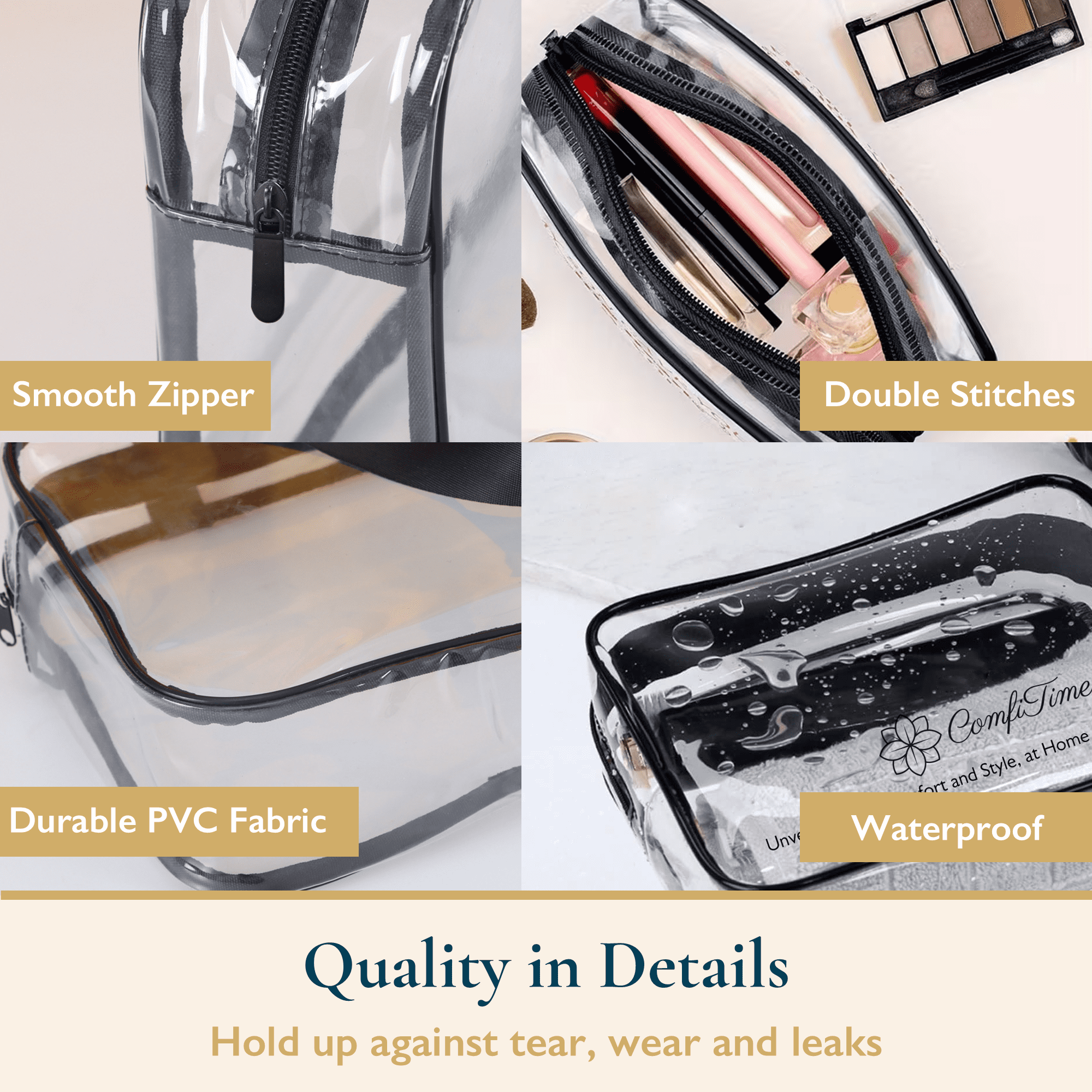ComfiTime Clear Makeup Bag Set, TSA Approved Travel Toiletry Organizer, Waterproof Cosmetic Pouch for Travel & Daily Use (Clear, 4-Pack) hrxys