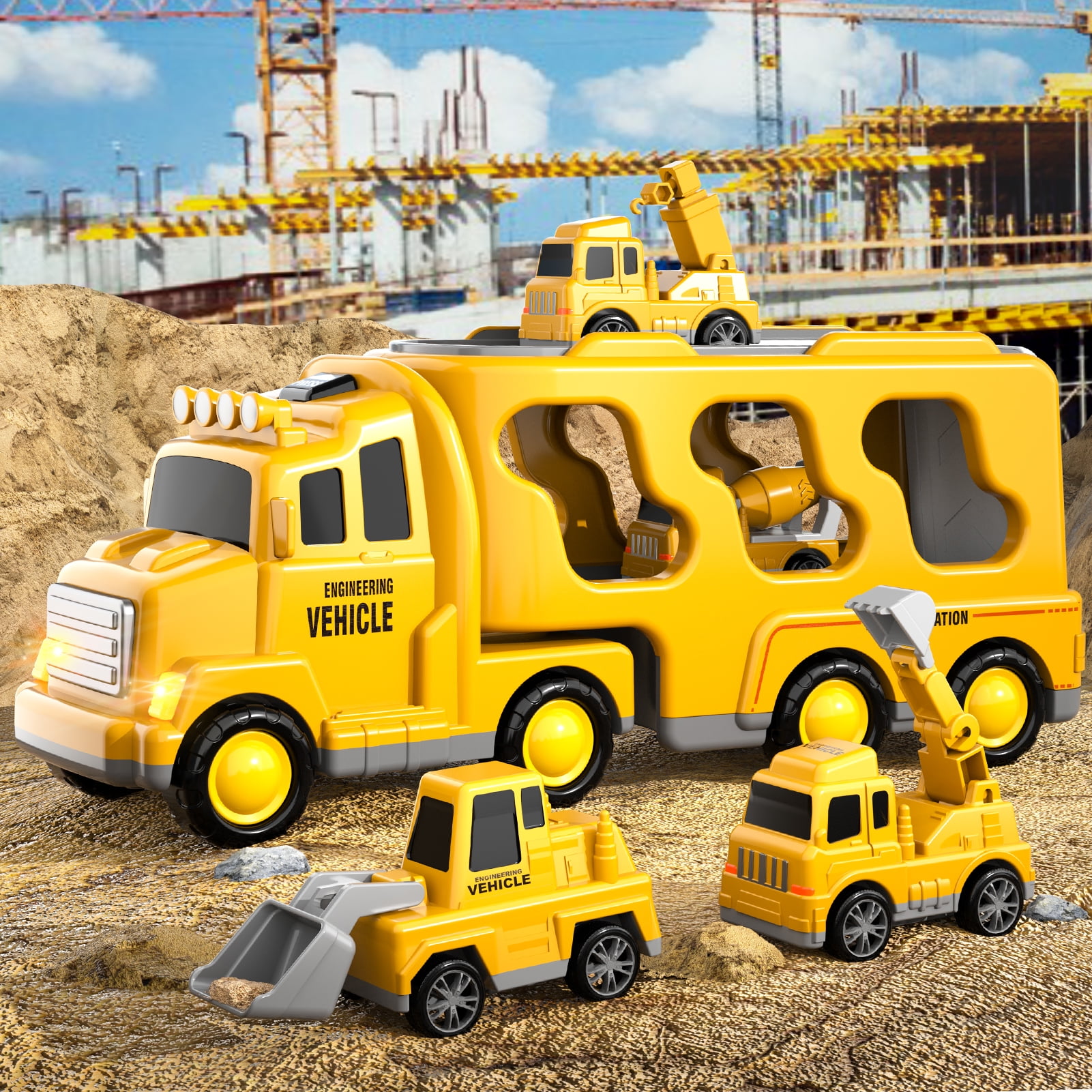 Lucky Doug Friction Powered Transport Carrier Truck with 4 Mini Cars (Yellow, 1 Set) pkaw2