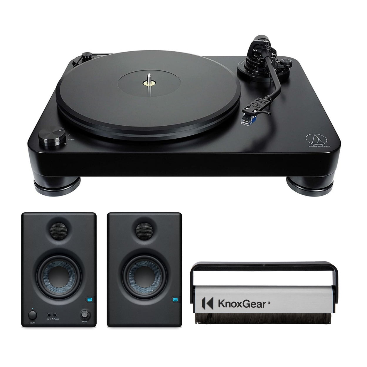 Audio-Technica AT-LP7 Fully Manual Belt-Drive Turntable System with Studio Monitors and Record Brush (Black) 0huwk