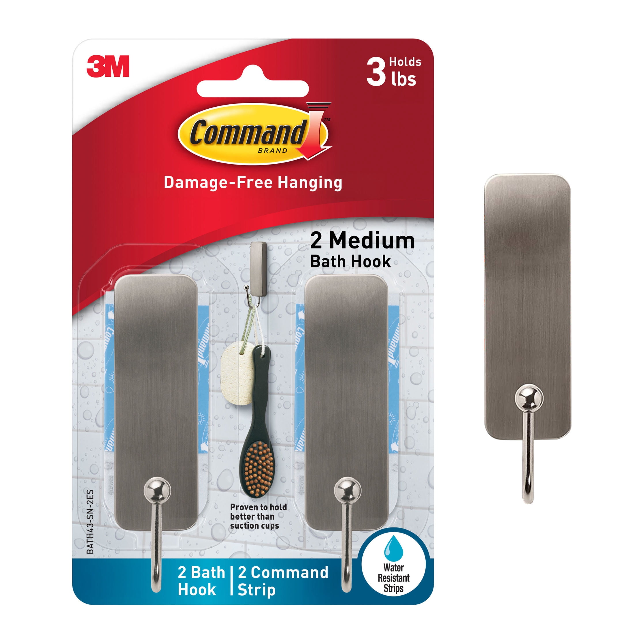 Command Bath Medium Hooks, Water Resistant Adhesive Wall Hooks for Bathroom Organization (Satin Nickel, 2 Hooks, 4 Strips) nyu2g
