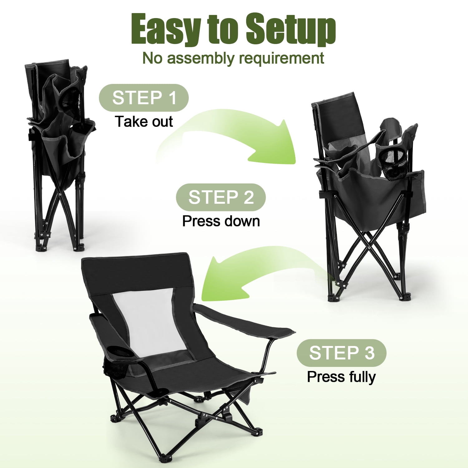Walchoice Folding Beach Chair for Adults, Heavy Duty Portable Camping Chair with High Back and Cup Holder (Black, 30.7 in Wide) pt18e