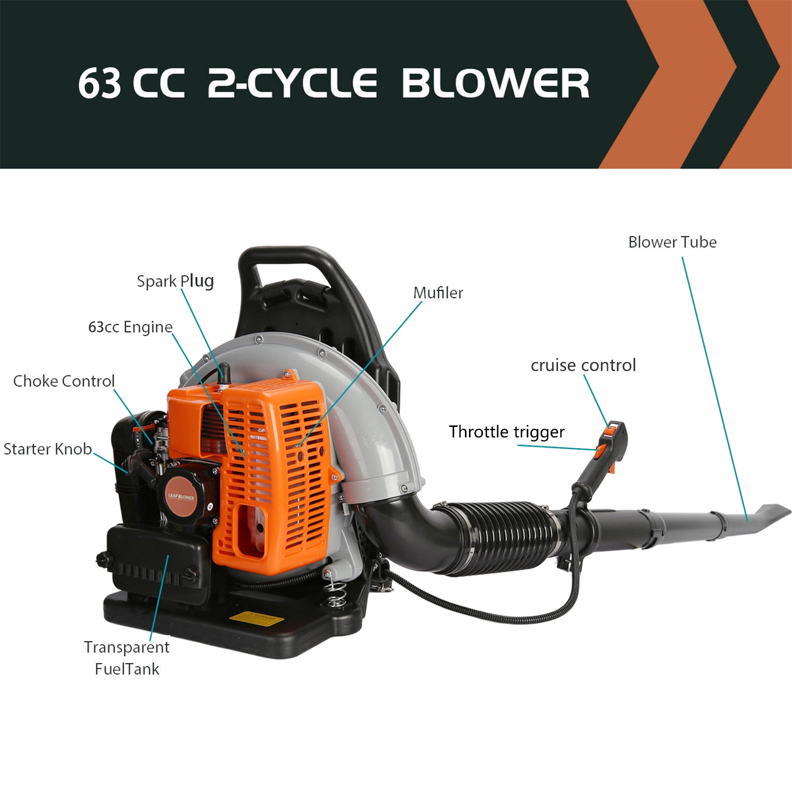 JNXYL EB650 63CC Gas Backpack Leaf Blower, Commercial Grade 2-Stroke Engine, 665 CFM High-Velocity Airflow (Orange, 63CC) wl5aw
