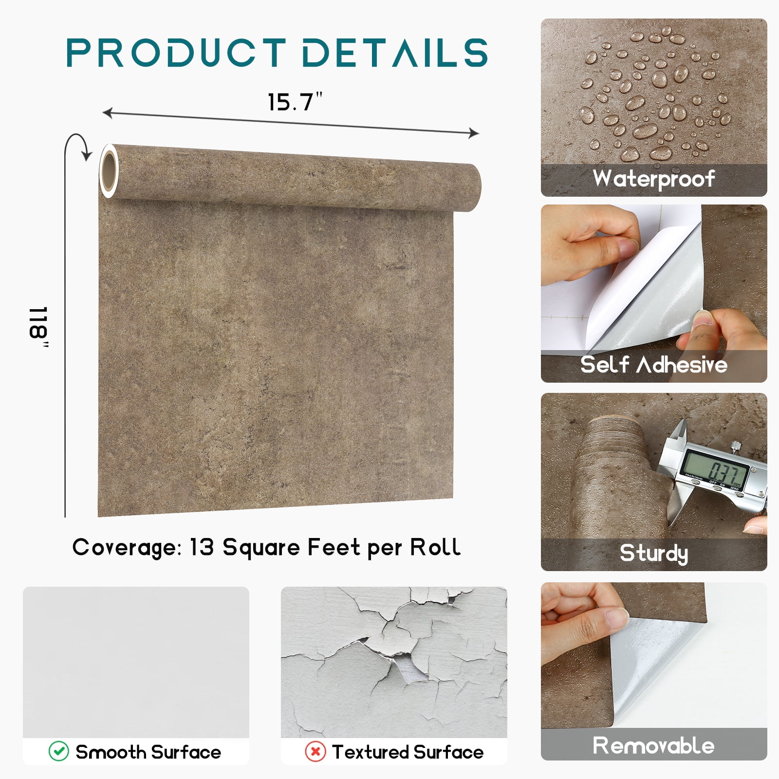 VEELIKE Peel and Stick Wallpaper, Waterproof Industrial Vinyl Contact Paper for Countertop and Furniture (Brown, 15.7 in x 118 in) 6dlni