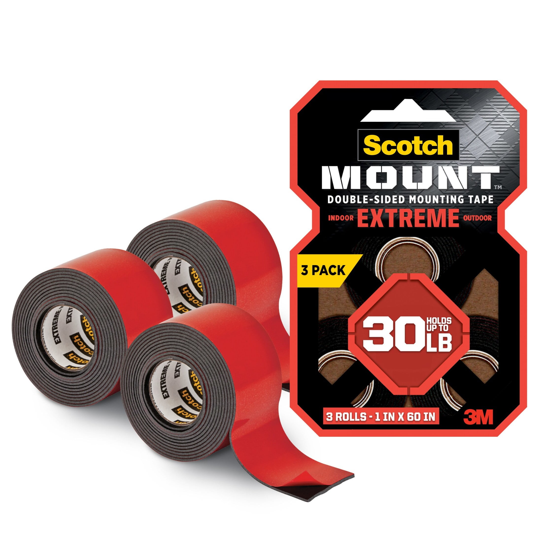 Scotch Extreme Double-Sided Mounting Tape, Heavy-Duty Industrial Adhesive for Indoor and Outdoor Use (Black, 1 in x 60 in, 3 Pack) pmu2a