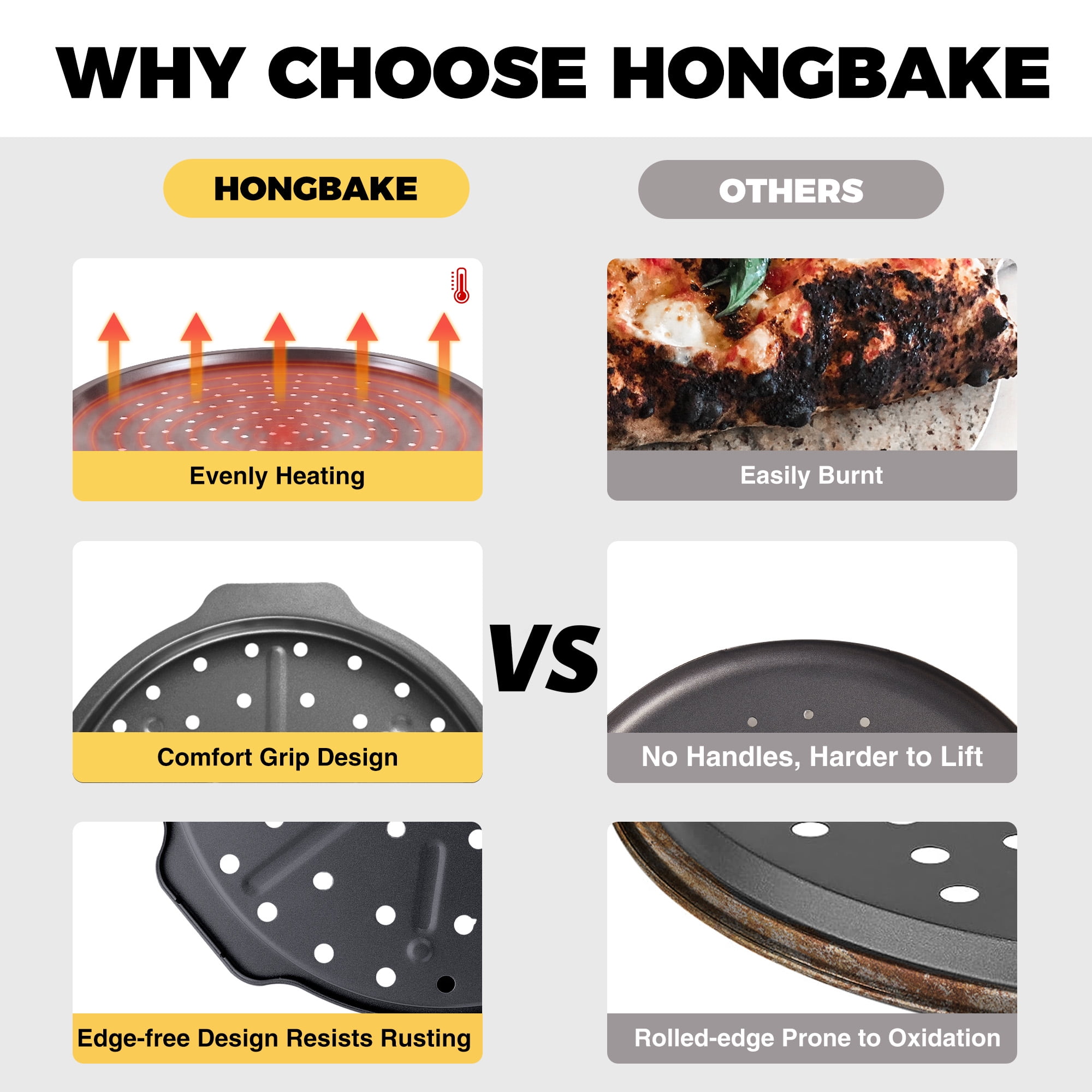 HONGBAKE 12 Inch Pizza Pan with Holes, Non-Stick Carbon Steel Perforated Crispy Pizza Tray for Oven (Grey, 2 Pack) zd968