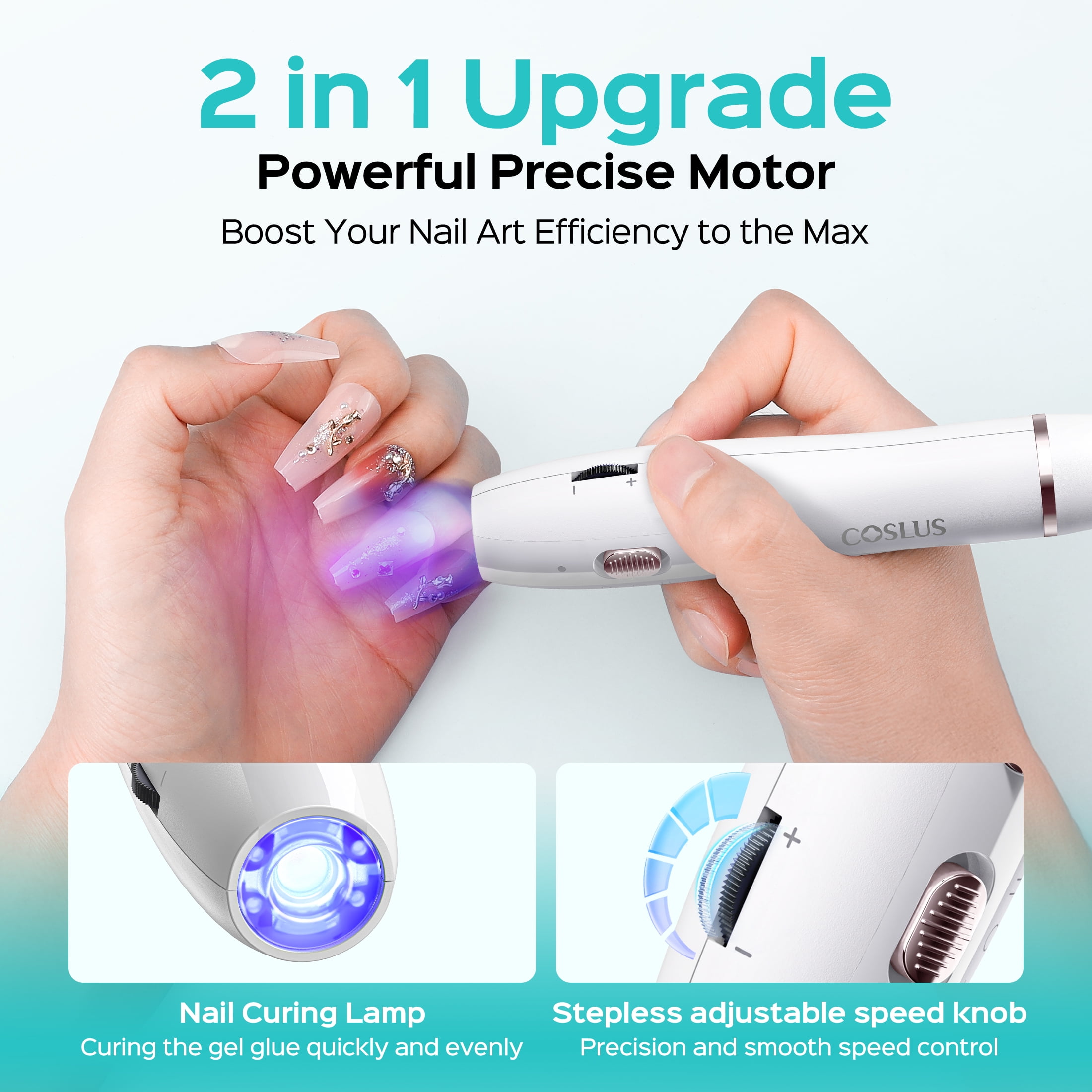 COSLUS CX41 Cordless Electric Nail Drill and LED Lamp 2-in-1 Manicure Kit (White, 2.7 oz) 7db6g