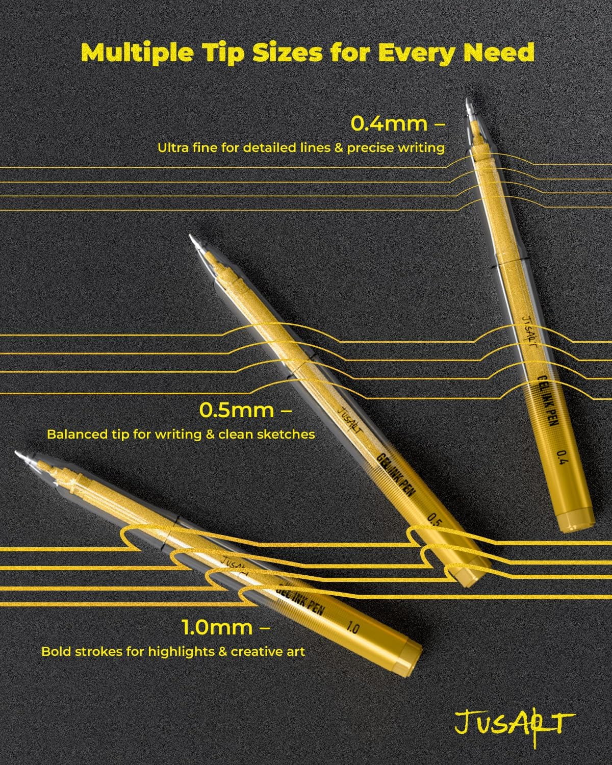 JusArt Gold Gel Pens for Drawing and Journaling, Opaque Ink for Dark Paper (3 Pack, Assorted Tips) 0p272
