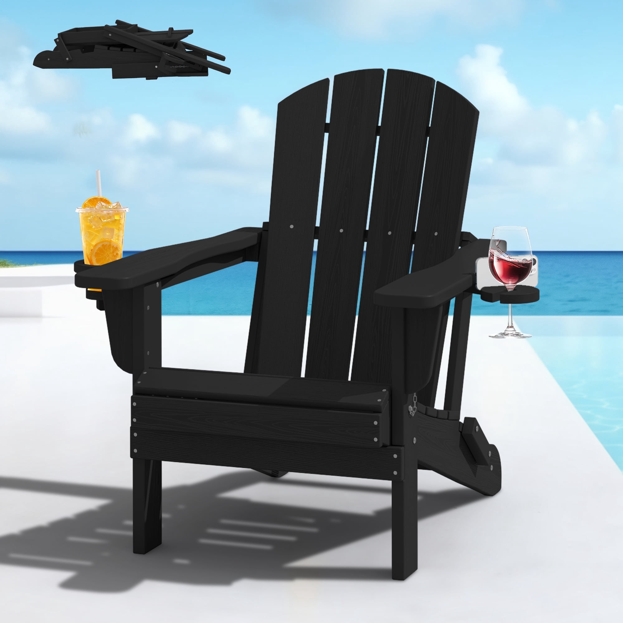 SERWALL Folding Adirondack Chair Set, All-Weather HDPE Patio Furniture with Cup & Phone Holders (Black, 32.5 in x 29.3 in x 35.8 in) ps3gb