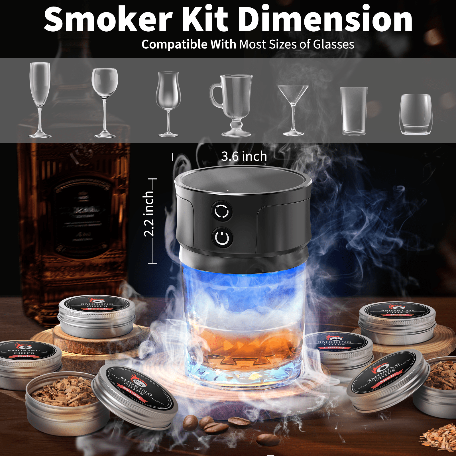 Nurforta Electric Whiskey Smoker Kit with RGB Lights, Portable Cocktail Infuser with 6 Wood Chip Flavors (Black, 3.9 in x 3.9 in x 3.5 in) 695iu