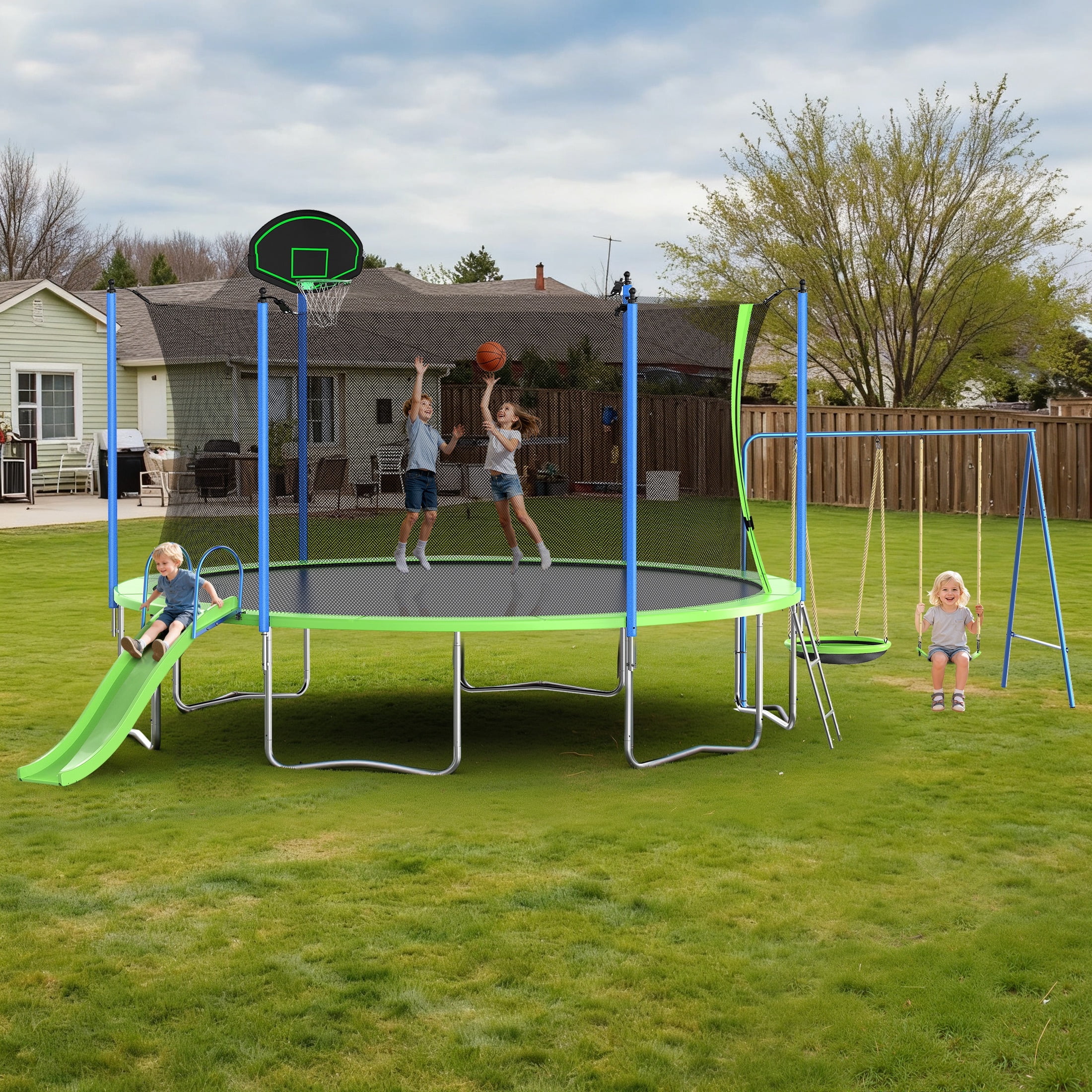 Segmart 12 ft Recreational Trampoline with Slide, Swing, Basketball Hoop, and Safety Net (Green, 12 ft) 7yjpy