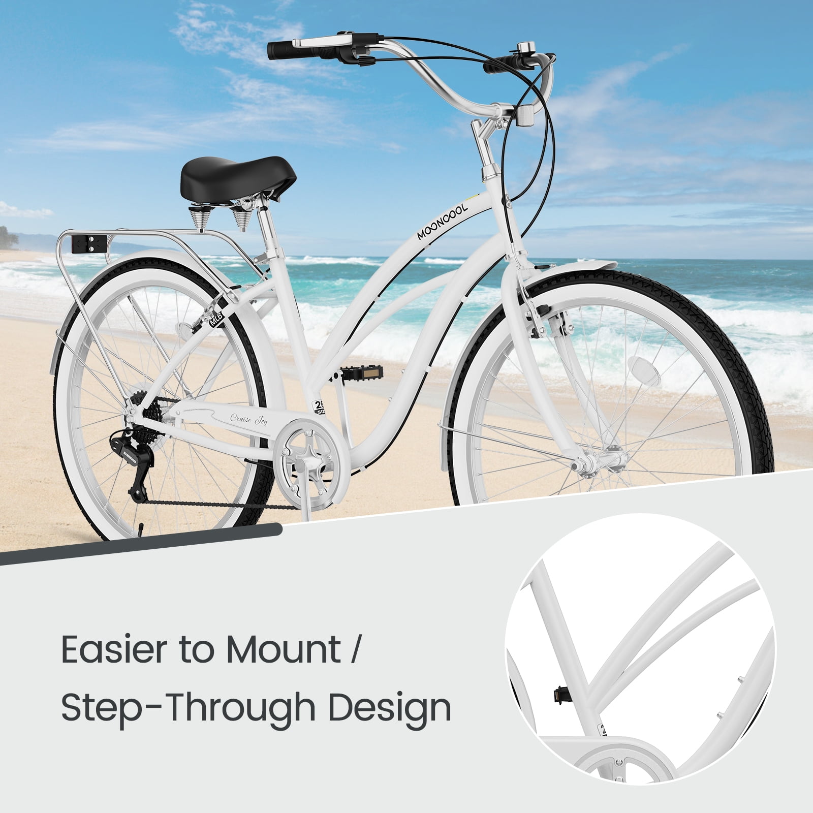 MOONCOOL 7-Speed Beach Cruiser Bike, Step-Through Frame Commuter Bicycle with Cargo Rack (White, 26 in) 89y2i