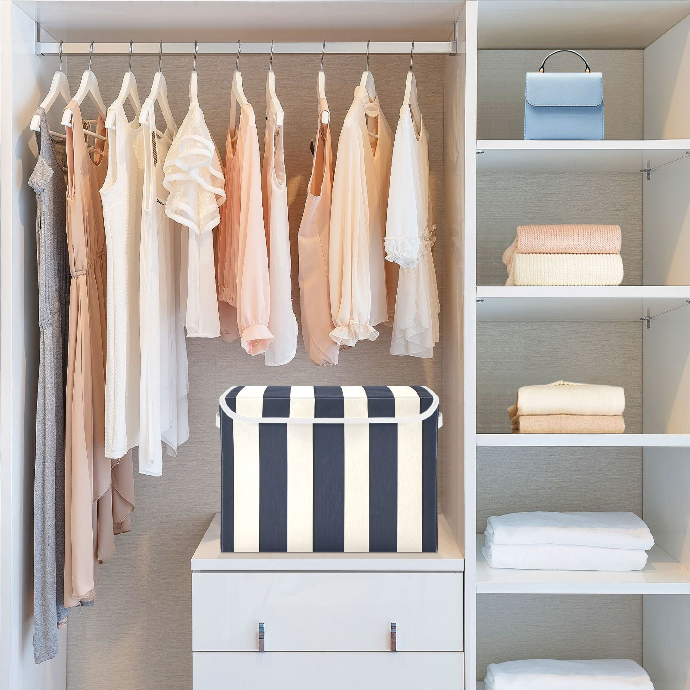 Booyaa Foldable Storage Bin with Lid and Handles, Vertical Stripe Fabric Organizer for Closet and Home (Navy Blue, 16.5 x 12.6 x 11.8 in) wvq29