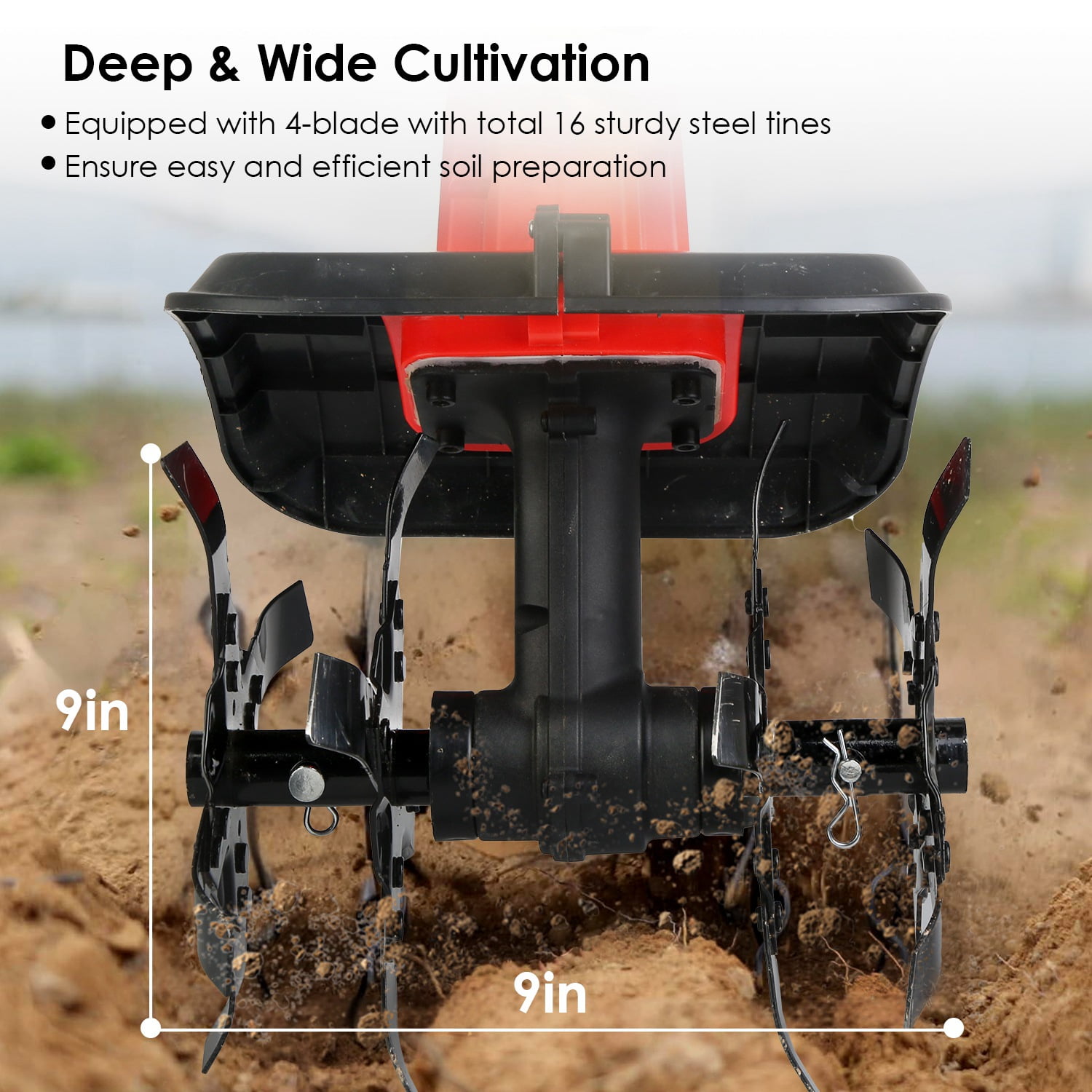 Moclever Electric Garden Tiller, Cordless Cultivator with 16 Steel Tines, 9-in Tilling Width & Depth (Black & Red, 11.02 lb) 9lg2x