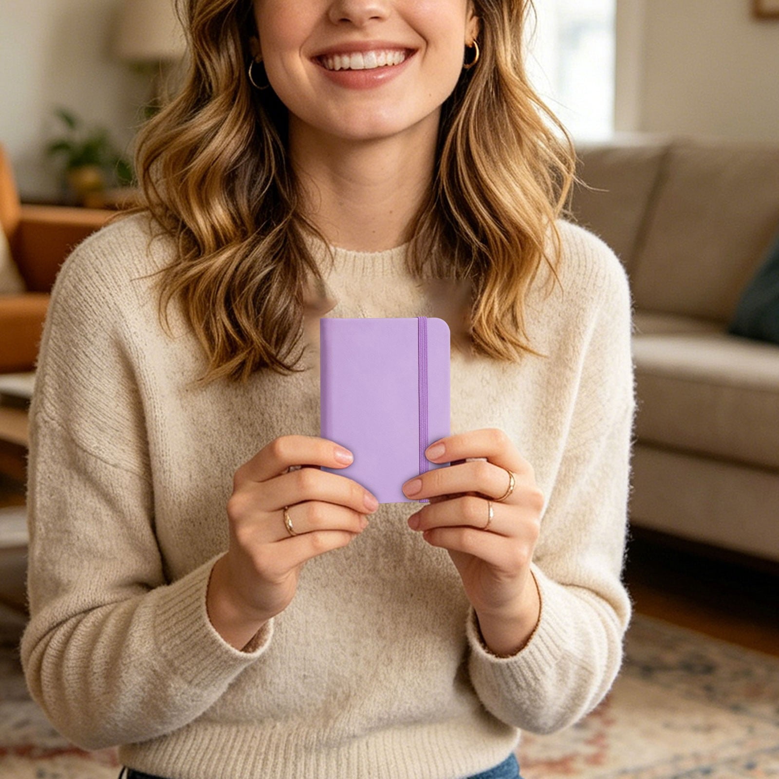 GZSZGIQ Pocket Notebook Journal with Leather Cover and Strap, Lined Mini Notepad for Daily Note Taking (Purple, 4.3x3 in) 8452z