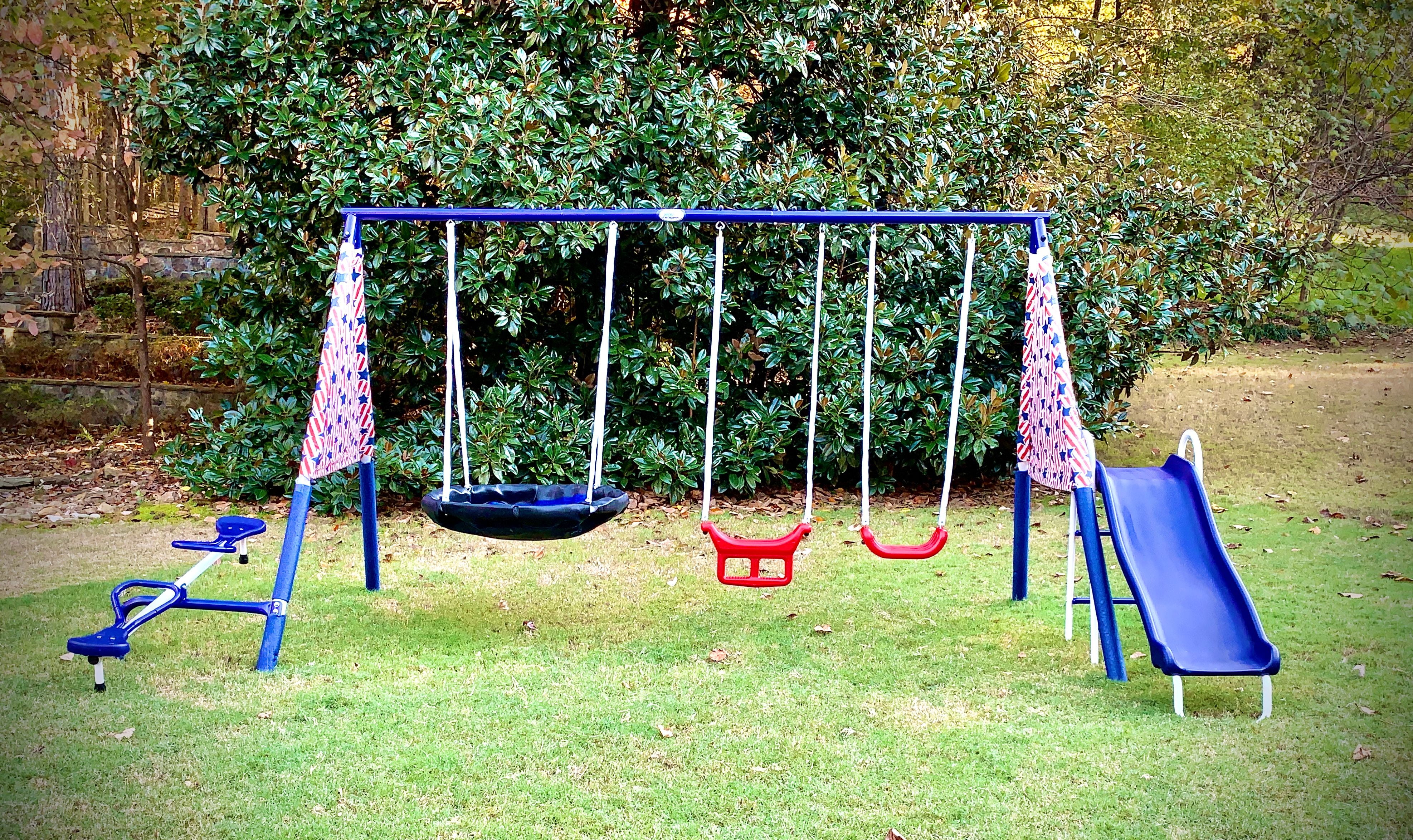 XDP Recreation Freedom Fun Metal Swing Set with Super Disc Saucer, See-Saw, and Slide (White, 128 in W x 91 in D x 74 in H) b6pmt