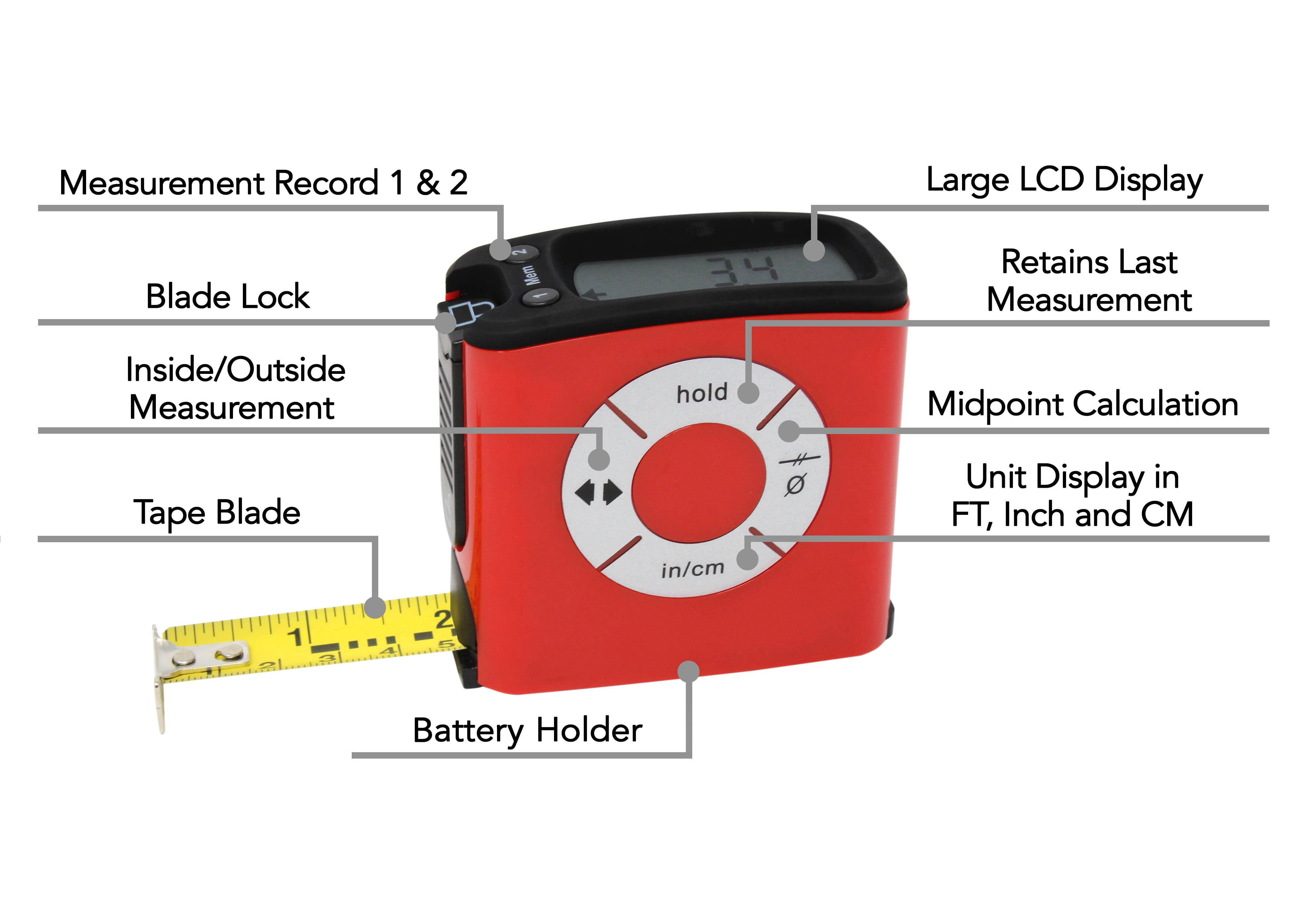 HISS Digital Tape Measure with Large LCD Screen, Accurate Measurement Tool (Red, 16 ft) adhz2