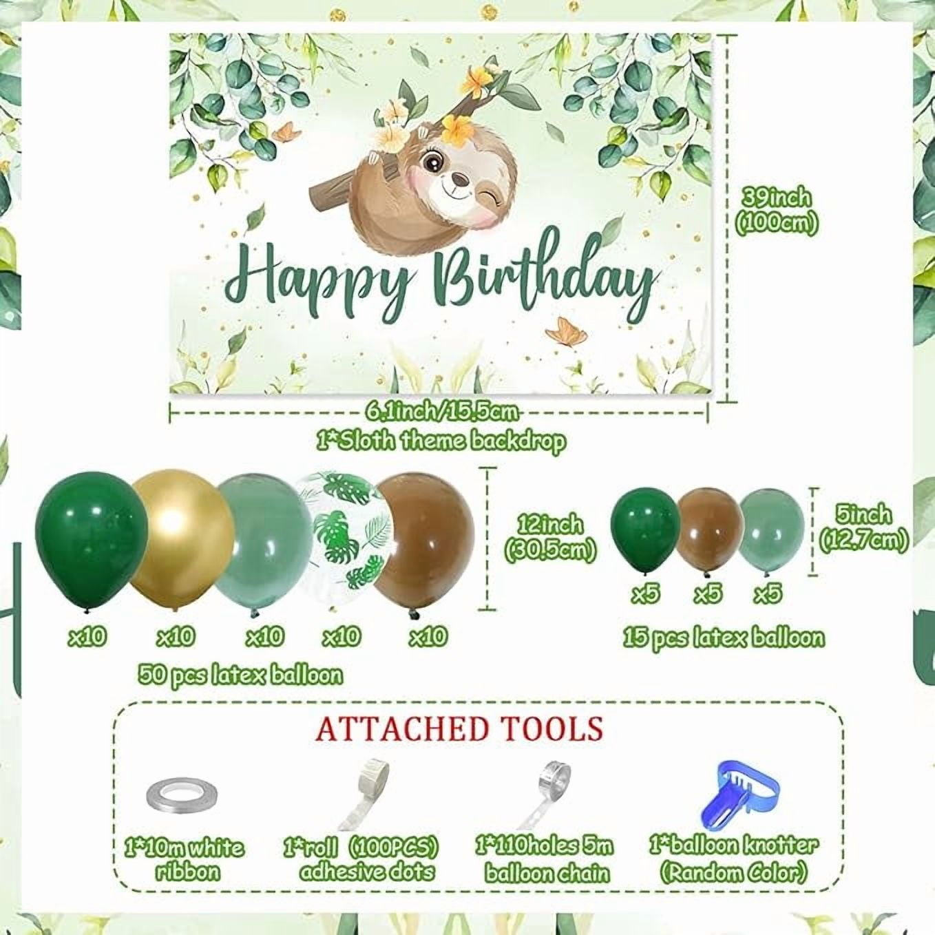 Sloth Birthday Party Decorations Set, Tropical Jungle Animal Theme Backdrop and Balloon Arch Kit (Green and Brown, 73 Pieces) 116al