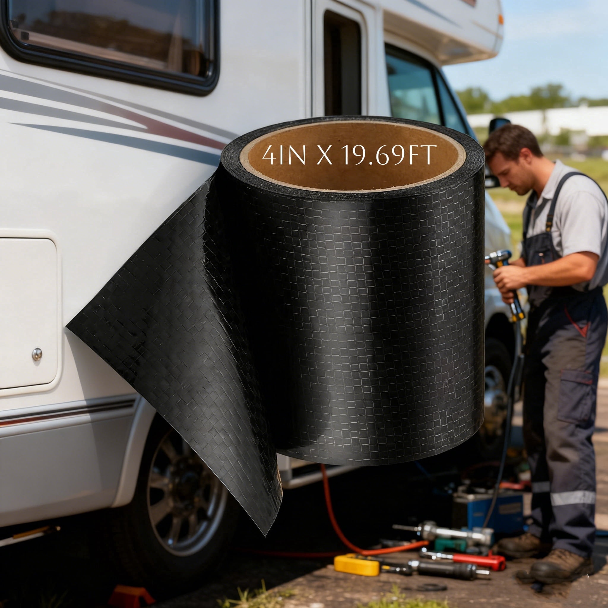 MODANU RV Underbelly Repair Tape, Heavy-Duty Waterproof Fabric Sealing Patch for Camper and Travel Trailer (Black, 4 in x 19.69 ft) t937b