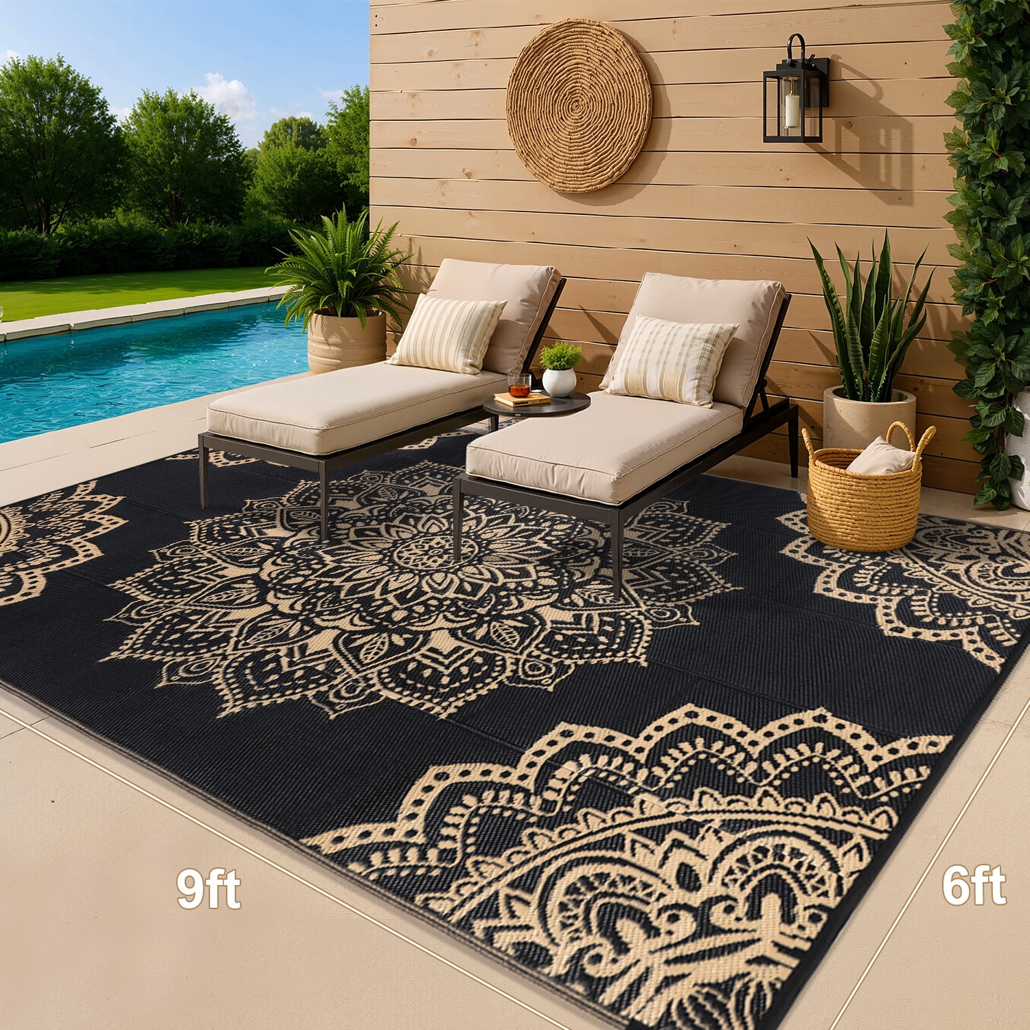 Findosom Reversible Outdoor Rug, Waterproof Plastic Straw Area Rug for Patio, RV, Camping, and Beach (Black, 6 ft x 9 ft) jgr0q