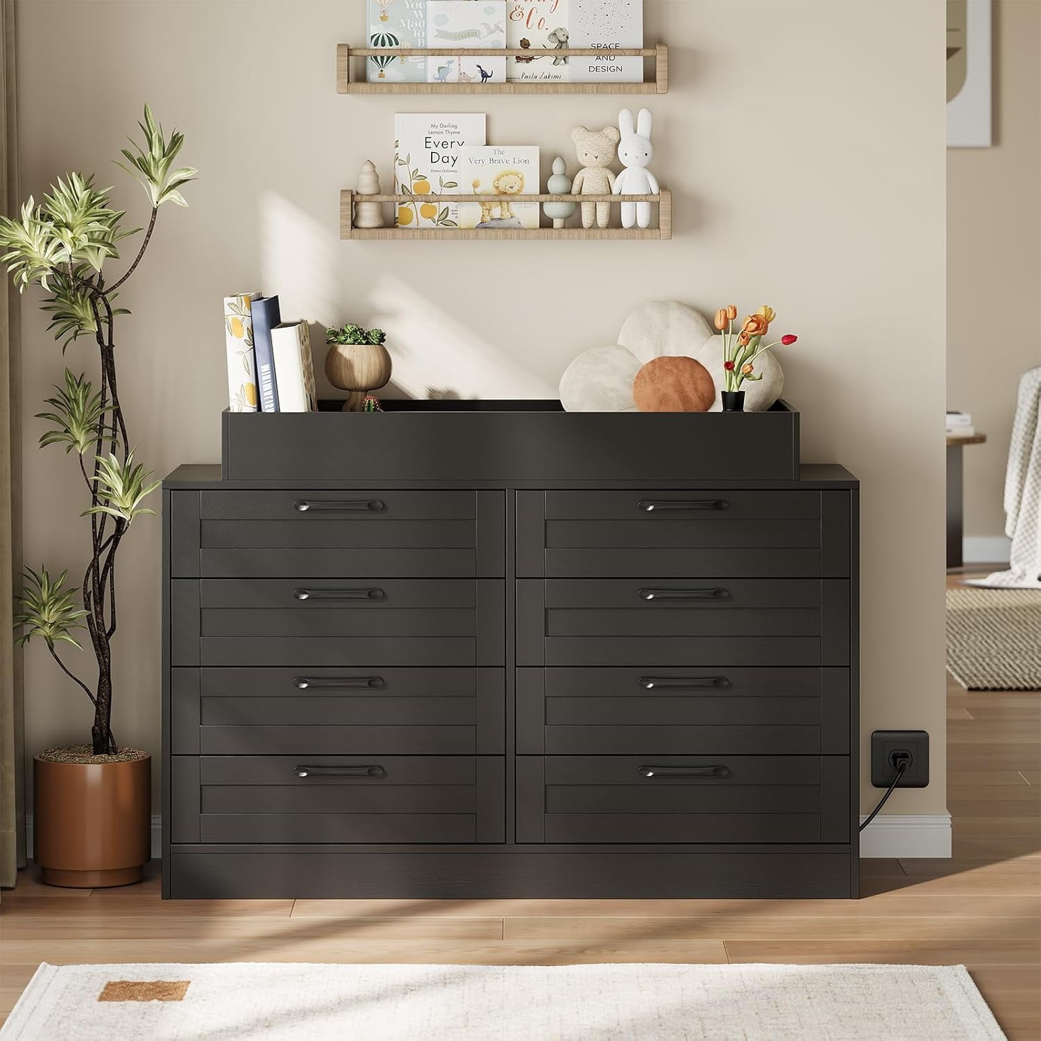 Towallmark Baby Changing Dresser with 8 Drawers, Nursery Storage Organizer with Safety Rail and Open Shelf (Black) 9bsiv