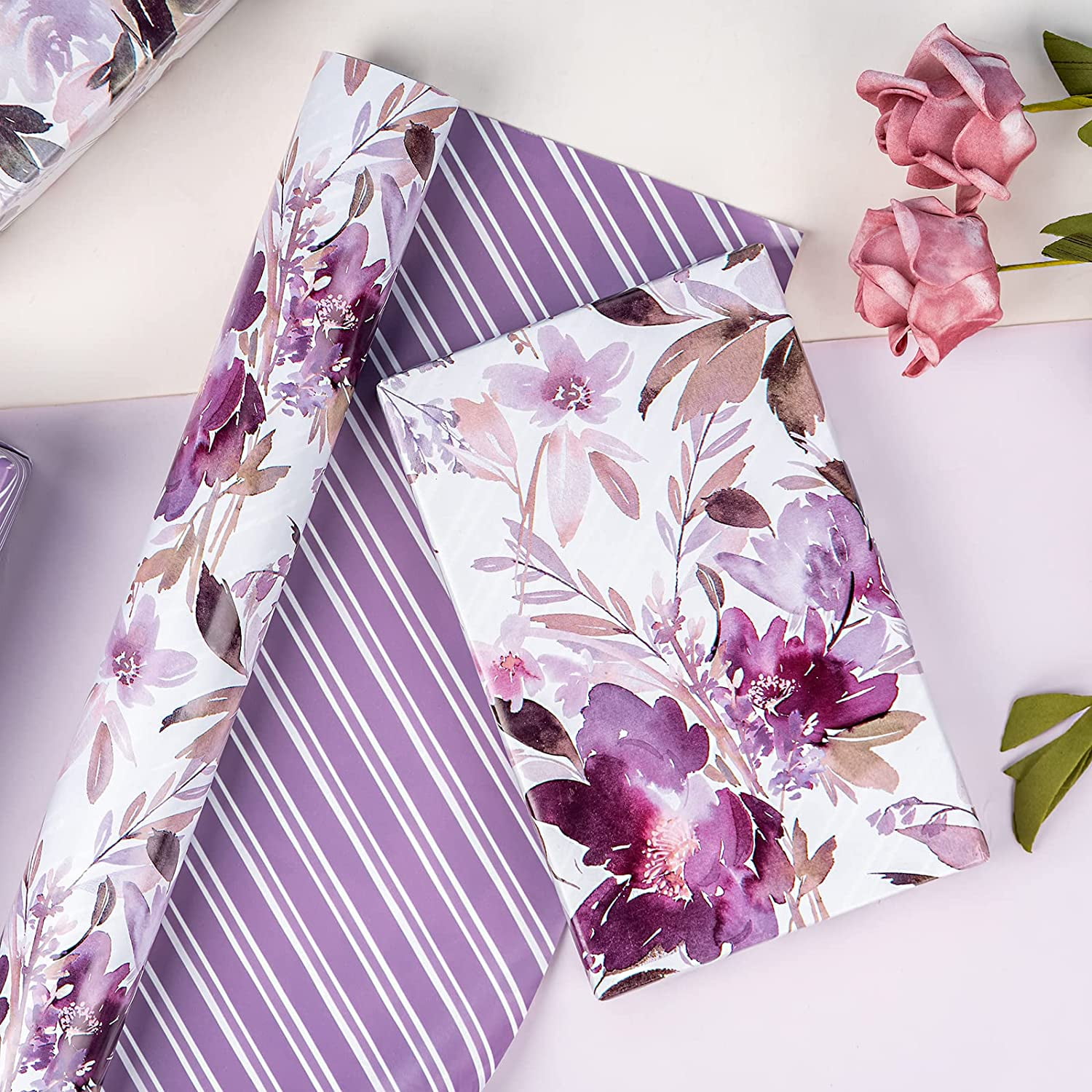 WRAPAHOLIC Reversible Wrapping Paper, Premium Floral Gift Wrap for Weddings and Holidays (Purple, 17 in x 33 ft) vs44s