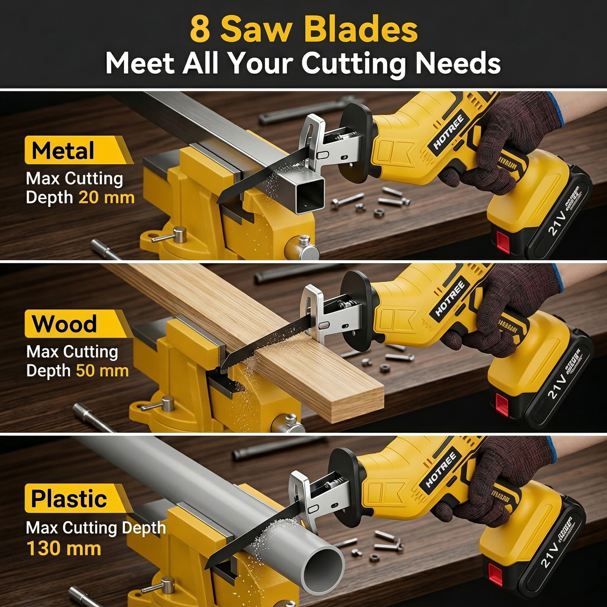 HOTREE Cordless Reciprocating Saw, Variable Speed Power Tool with Dual 2.0Ah Batteries and 8-Piece Blade Kit (Yellow) 9rtc7