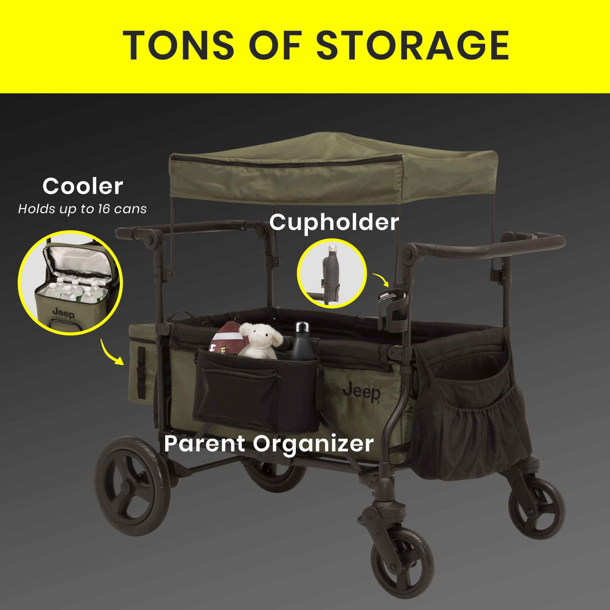 Jeep Deluxe Wrangler Wagon Stroller for 2 Kids, All-Terrain Wheels, Cooler Bag & Canopy (Green, 46 in L x 29 in W x 46 in H) i5nvc