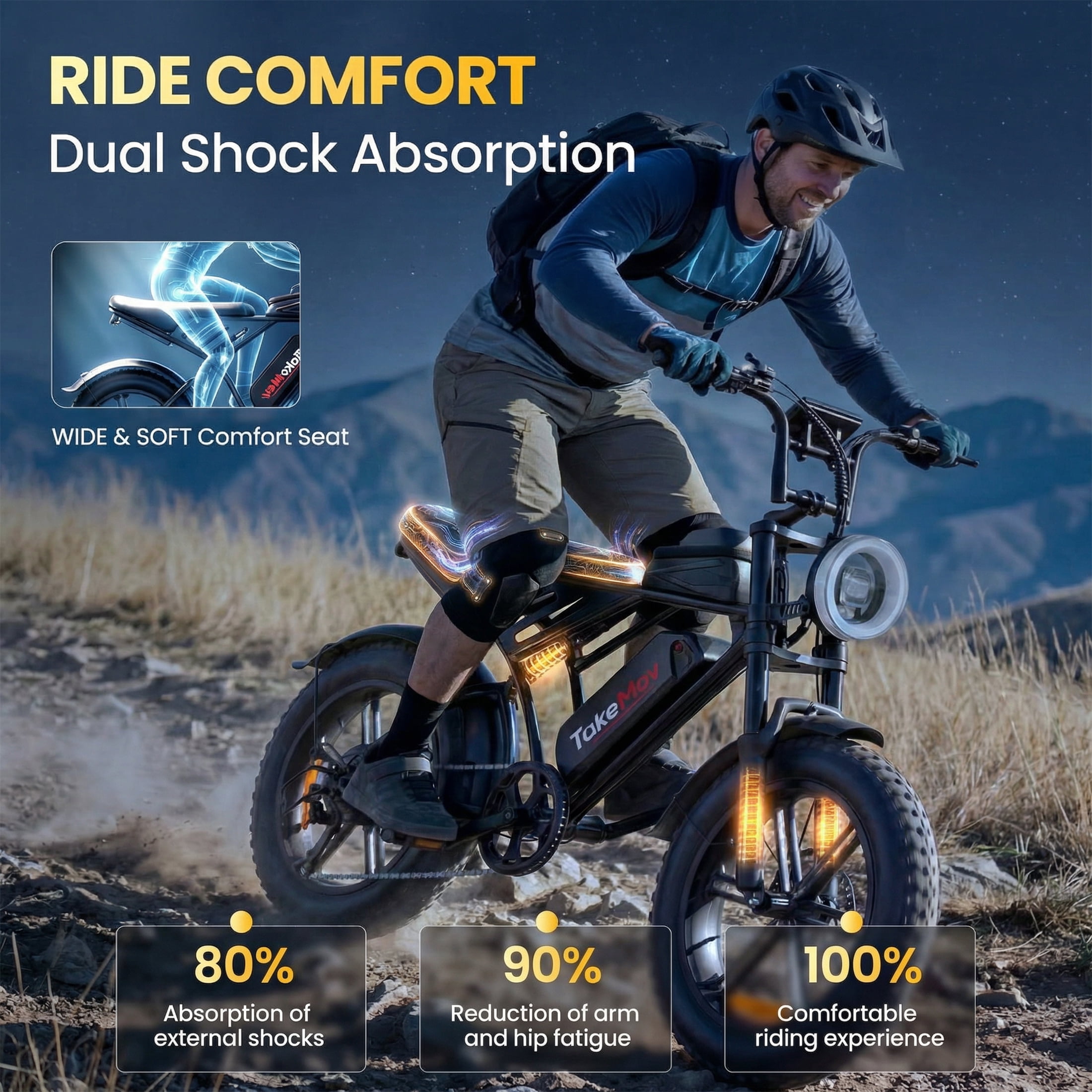 TakeMov Electric Mountain Bike for Adults, 750W Motor, 20 in x 4 in Fat Tire, All-Terrain E-Bike with NFC Unlock (Black, 48V 15Ah) 9mbq3