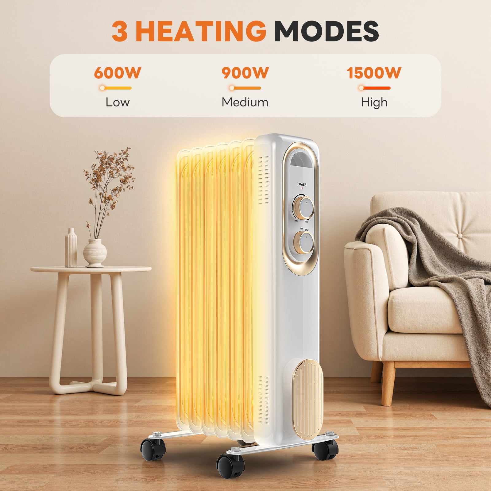 MCQ Oil Filled Radiator Heater, Portable Electric Space Heater with Adjustable Thermostat (White, 1500W) kmika