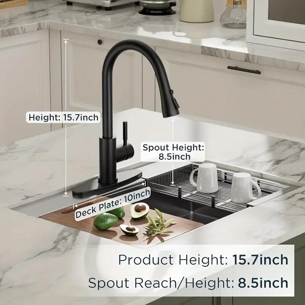 Senlesen High Arc Pull Down Kitchen Faucet with Sprayer and Deck Plate (Matte Black, 15.7 in) v1rit