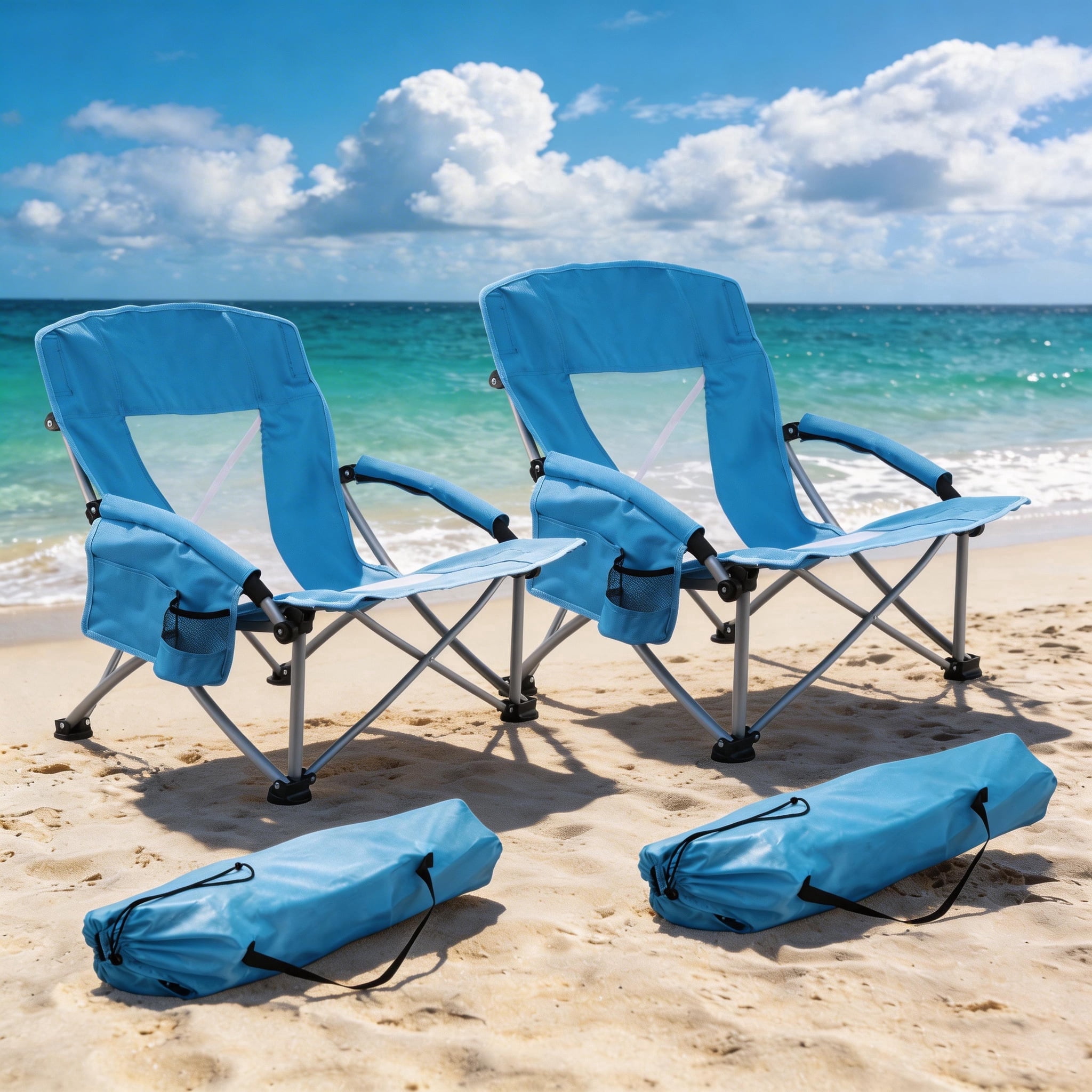 Coliware Folding Low Beach Chair, Portable Camping Chair with Side Cup Holder & Storage, Heavy Duty Outdoor Seat (Blue, 2-Pack) 3nugm