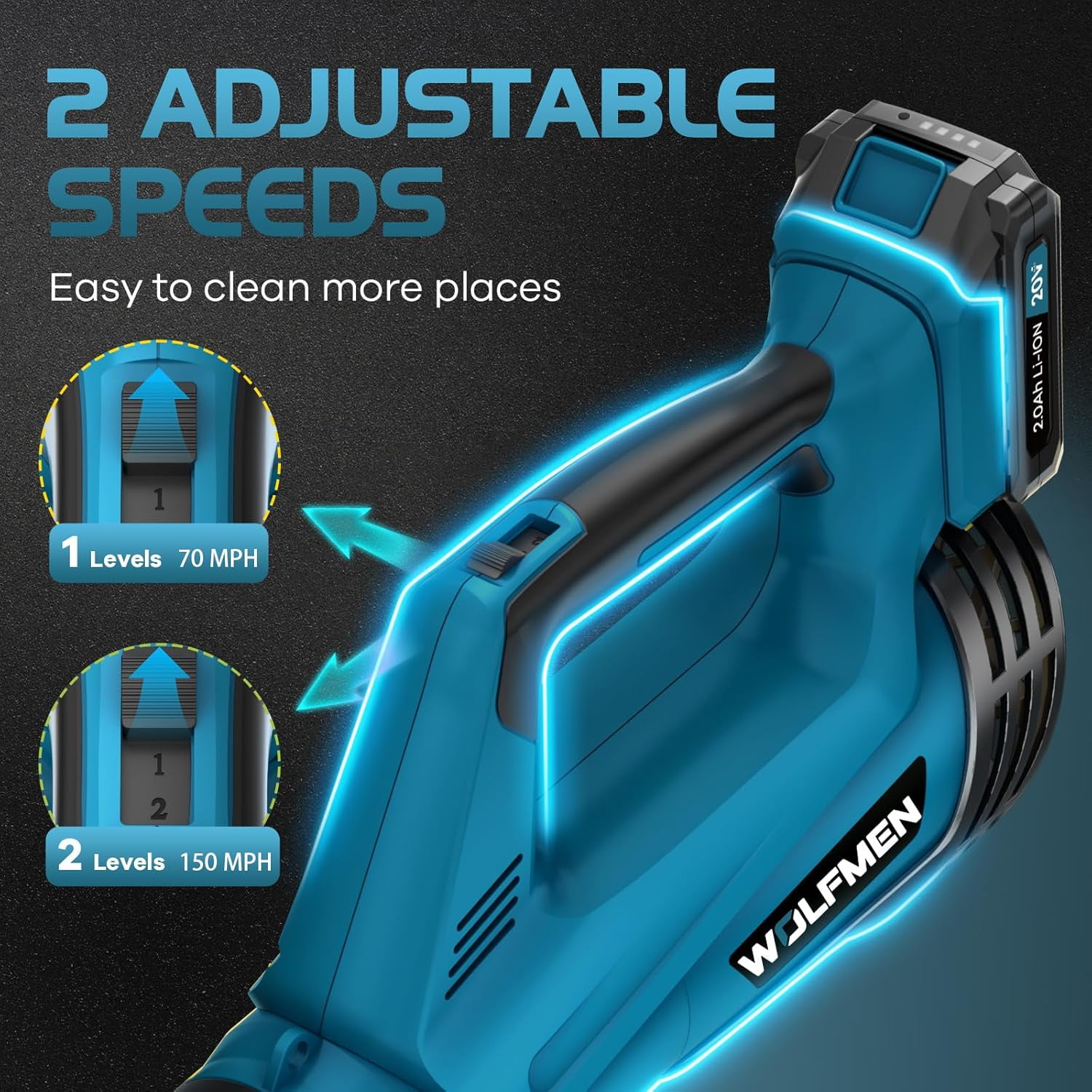 Generic Cordless Leaf Blower 450CFM 150MPH 6-Speed Electric Handheld Blower with 2 Batteries and Charger (Blue, 3.8 lb) 9piph