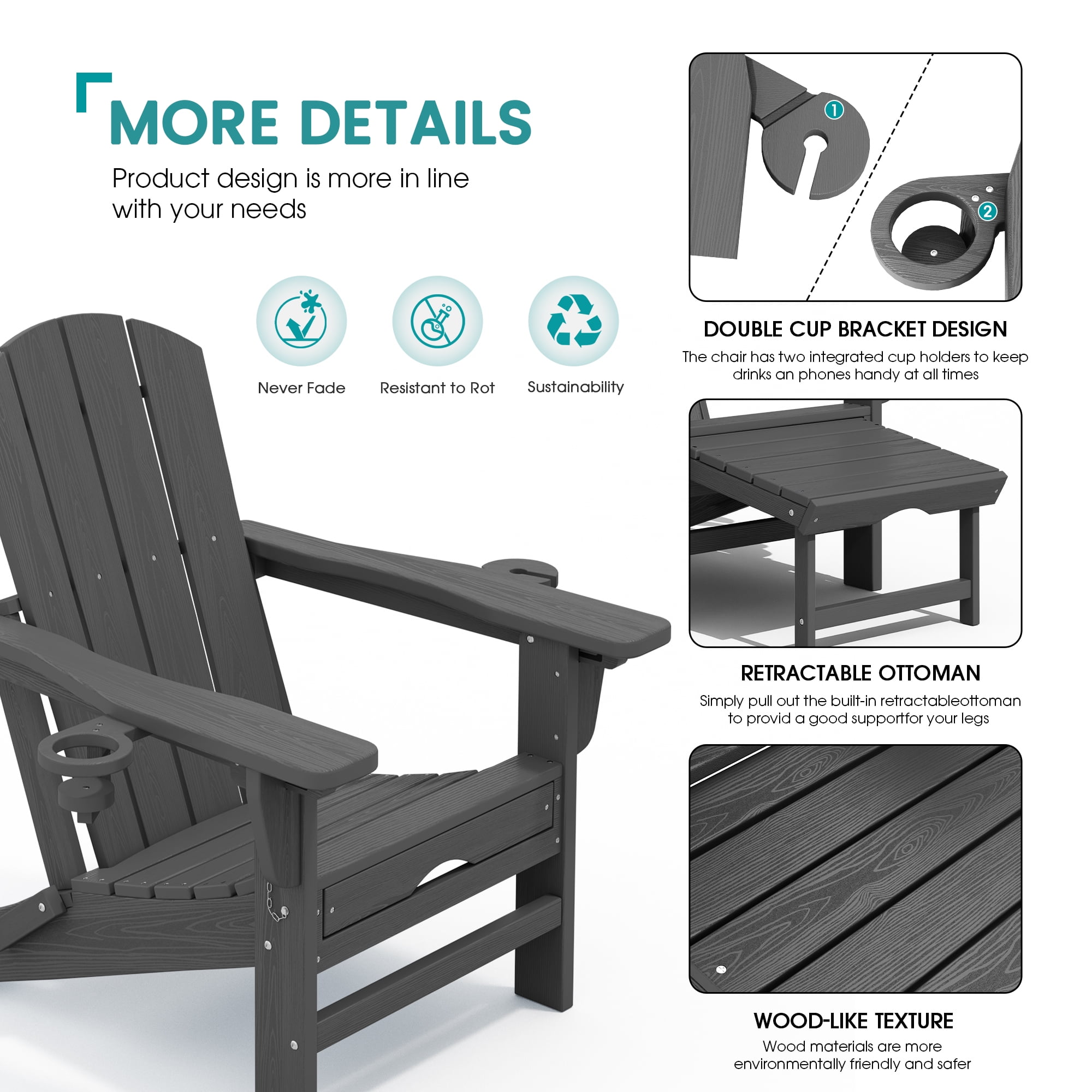 KINGYES Folding Adjustable Adirondack Chair with Retractable Ottoman (Grey, Set of 2) jf7ar