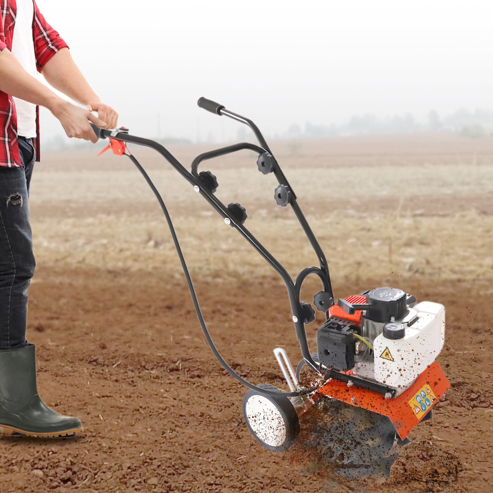 Generic 43CC 2-Stroke Gas Powered Garden Cultivator, Heavy-Duty Soil Tiller with Adjustable Wheels and Mud Flap (28.66 lb) qx6vk
