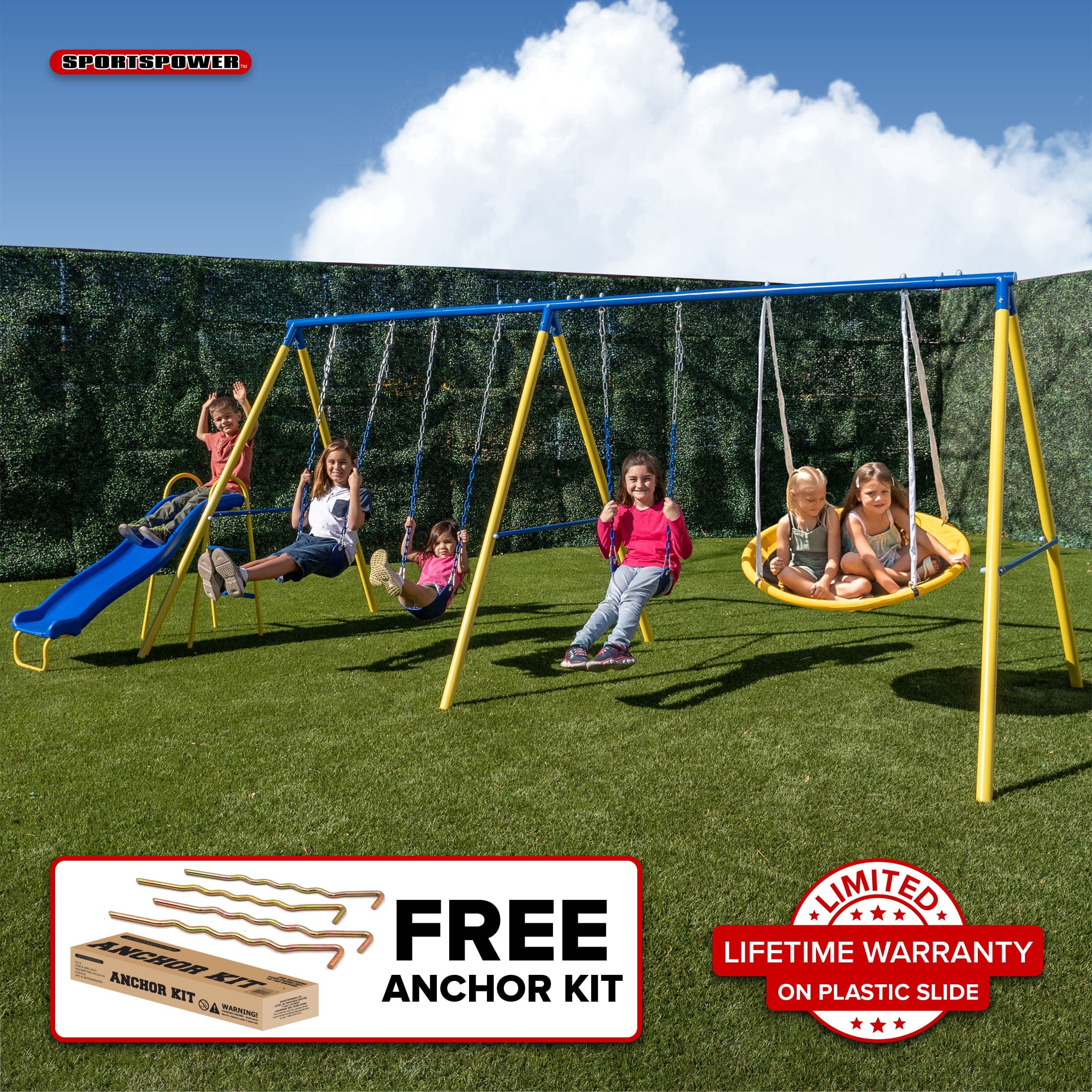 Sportspower Outdoor Swing Set with Saucer and Slide (Blue, 7.55 x 17.06 x 6.07 ft) dxelm