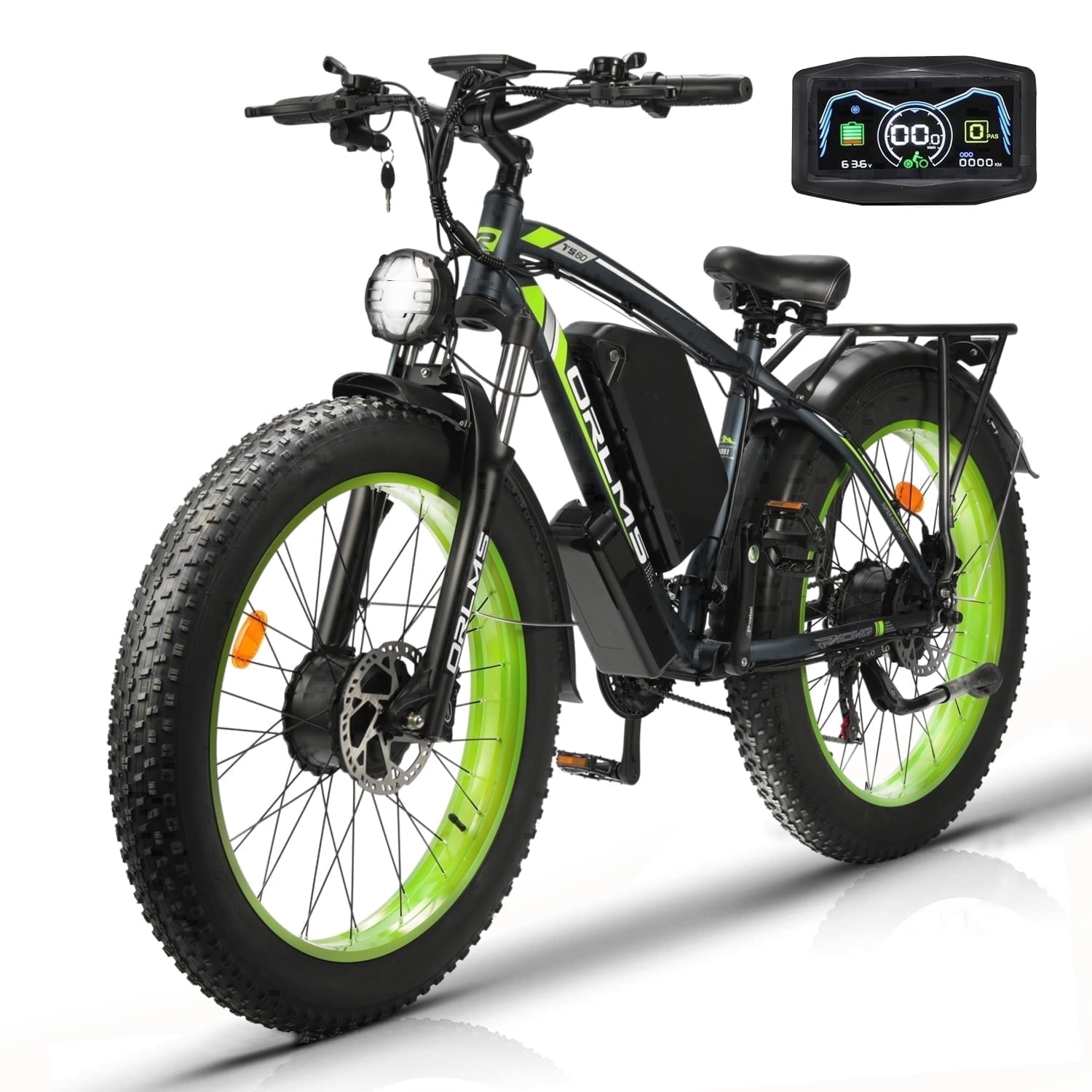 SMLRO Electric Mountain Bike, Dual Motor AWD Ebike, 60V 25Ah Battery, 26 in x 4.0 in Fat Tire, 21-Speed (Green, 330 lb Capacity) r9zxi