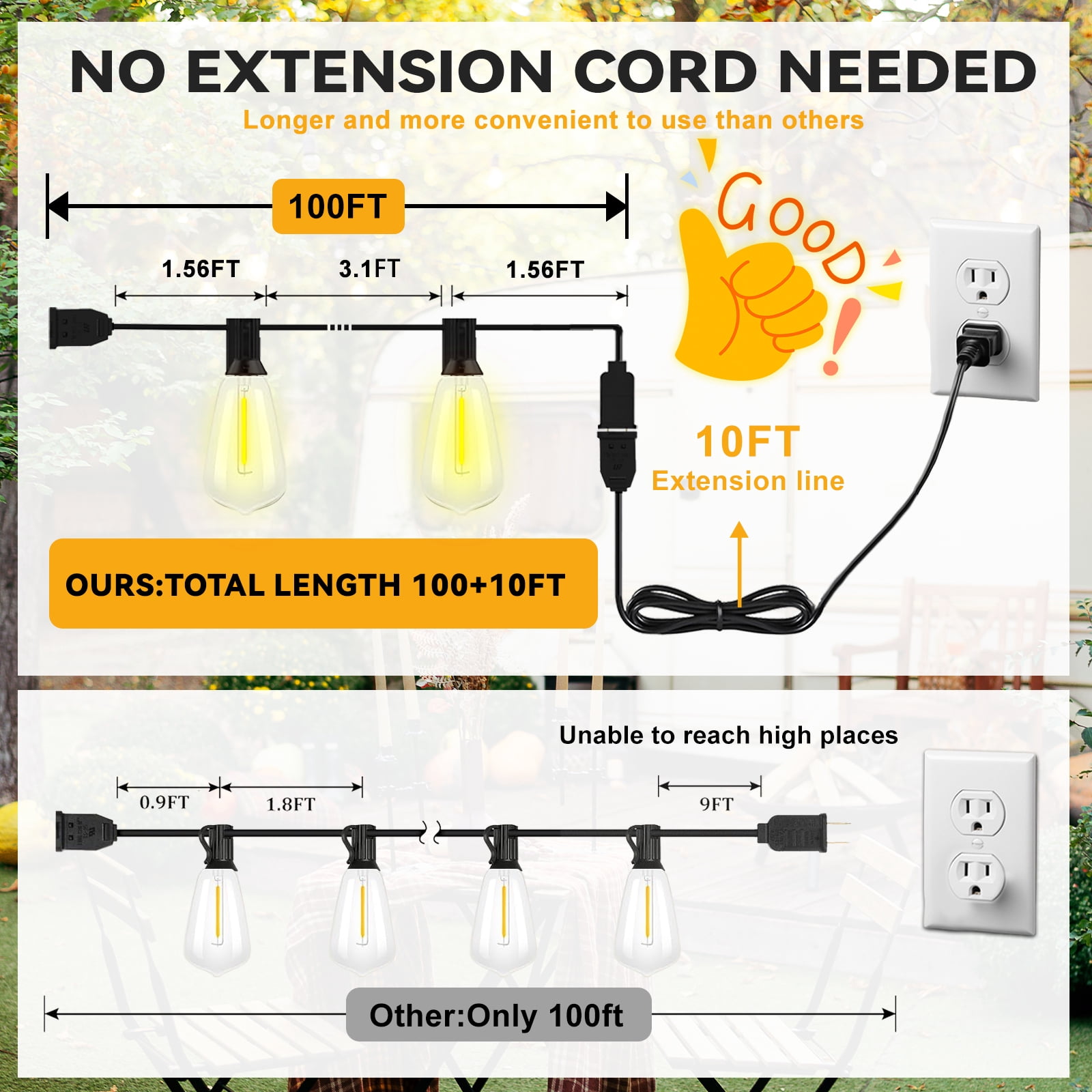 SINAMER LED Outdoor String Lights with Remote, Shatterproof ST38 Edison Bulbs, Waterproof & Weatherproof (Warm White, 110 ft) f6ul1