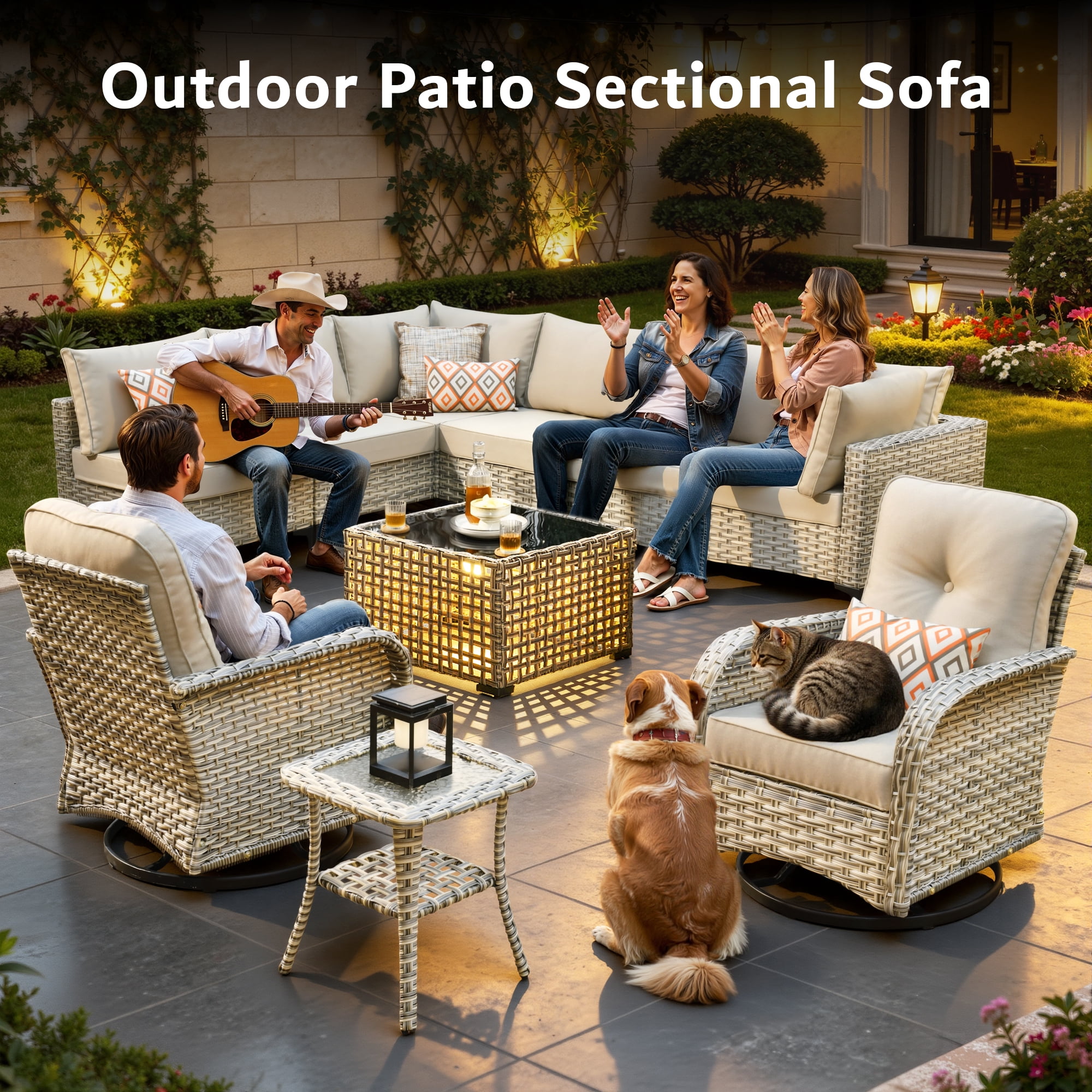 VCATNET 10-Piece Patio Conversation Set, All-Weather Rattan Wicker Sectional with Swivel Rocking Chairs and Solar LED Coffee Table (Beige, 10-Piece Set) 53c4s